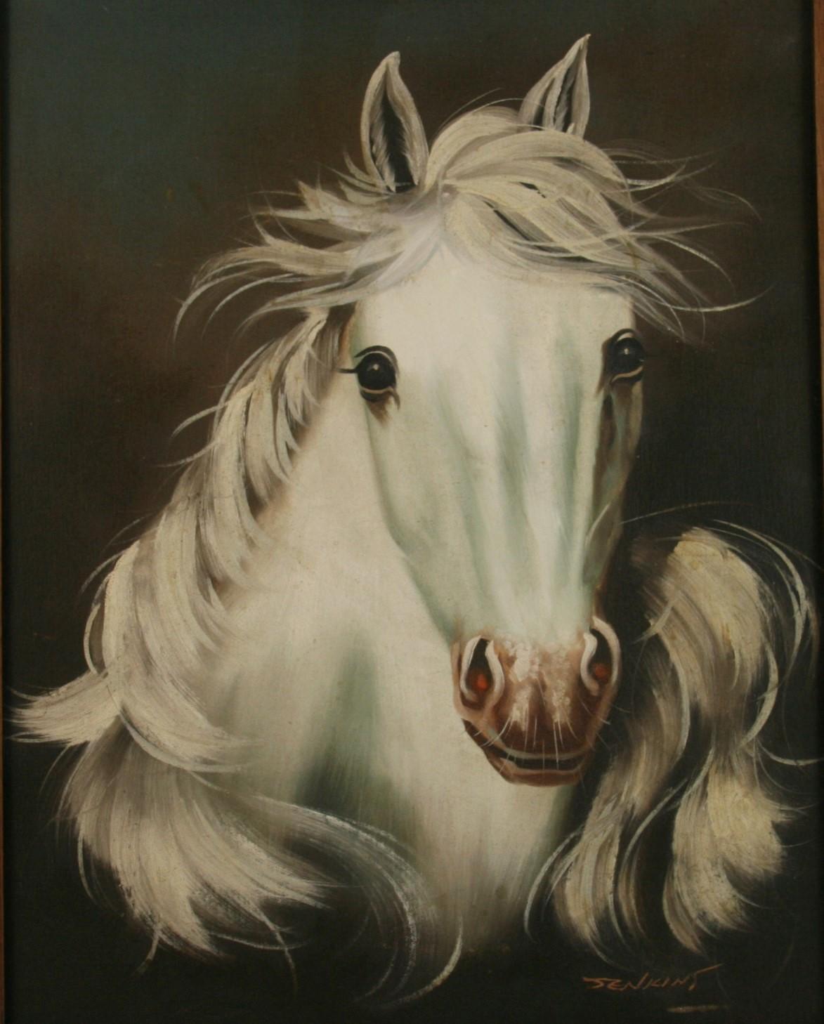 Vintage Weißer Hengst Pferdesport Ölgemälde (Schwarz), Animal Painting, von Jenkins