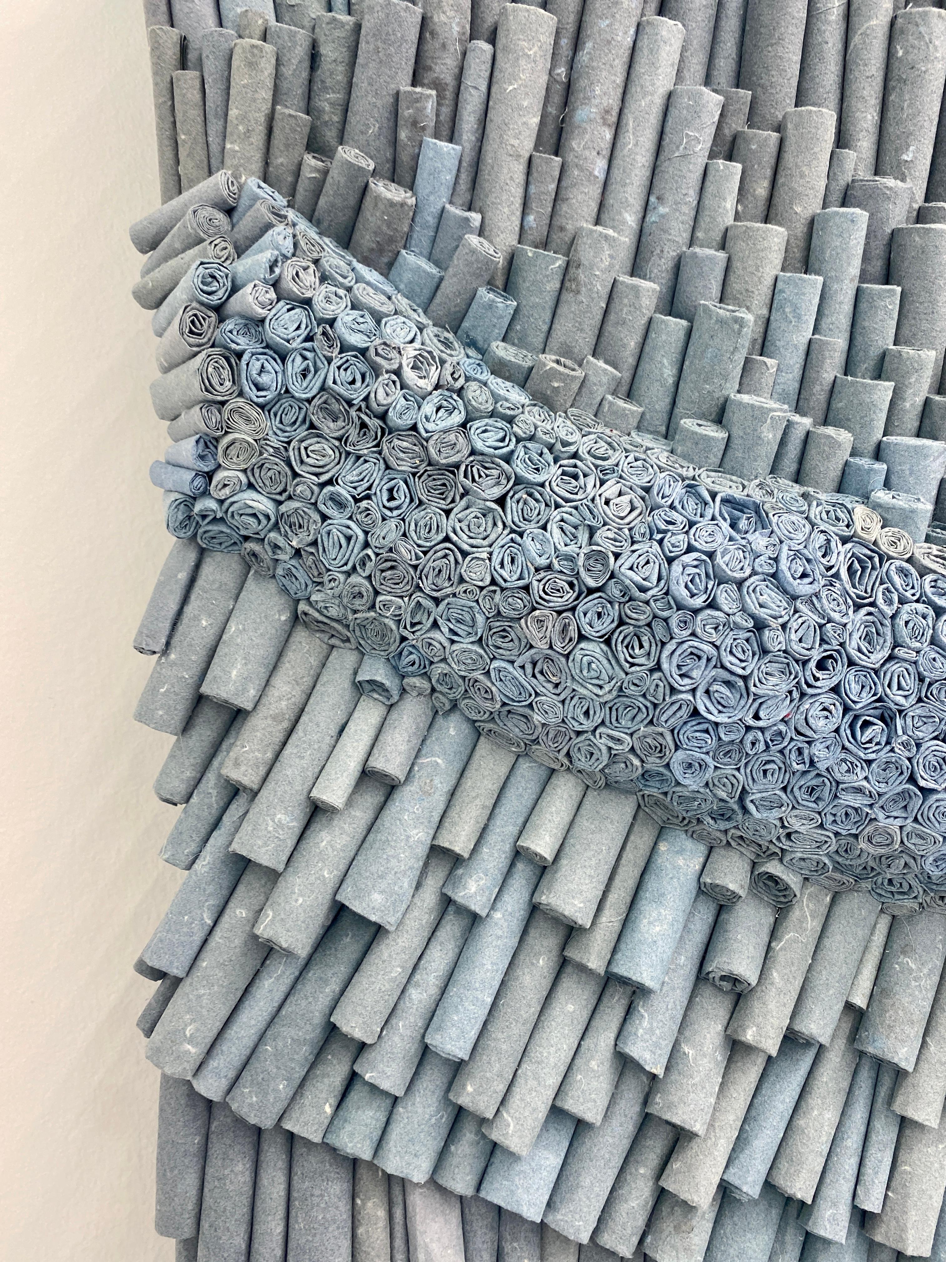 Denim, Contemporary Rolled Paper Painting, Abstract, Sculptural, Minimalism - Gris Abstract Sculpture par Jenn Hassin