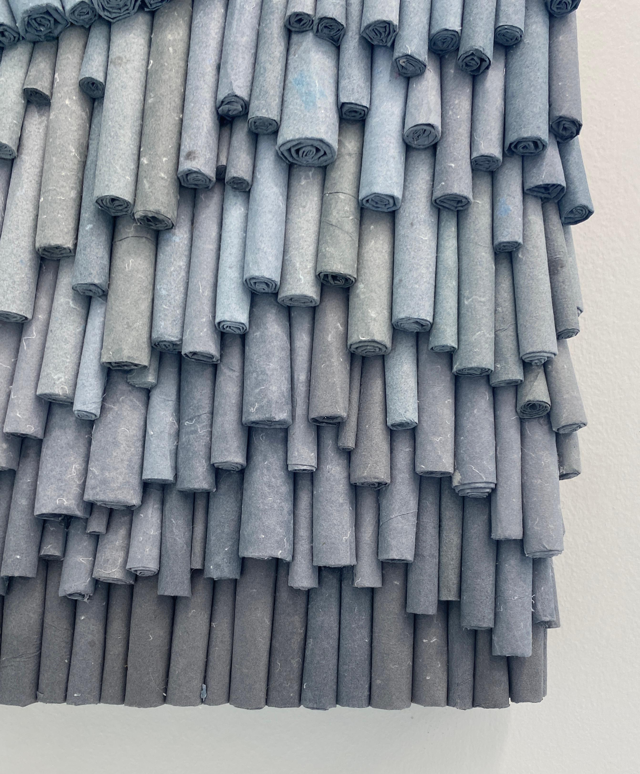 Denim, Contemporary Rolled Paper Painting, Abstract, Sculptural, Minimalism - Gray Abstract Sculpture by Jenn Hassin