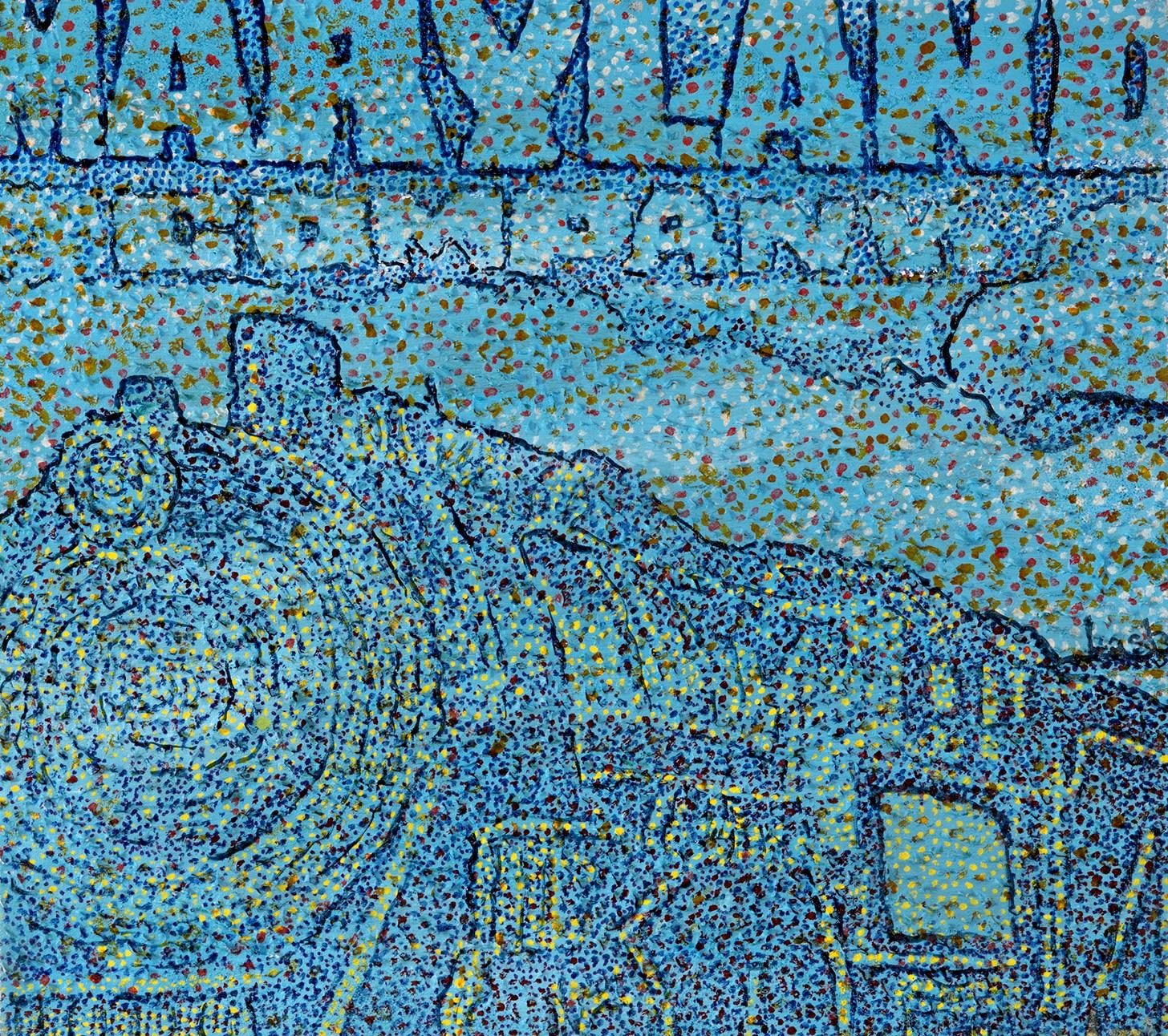 Abstract Painting de Jenna Lash - Compañía de Ferrocarriles de Maryland, Tren dinero azul motivo puntillista brillante texto moneda