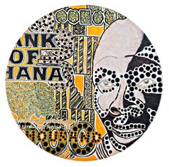 Mask, bold graphic colorful pointillist patterns text global currency
