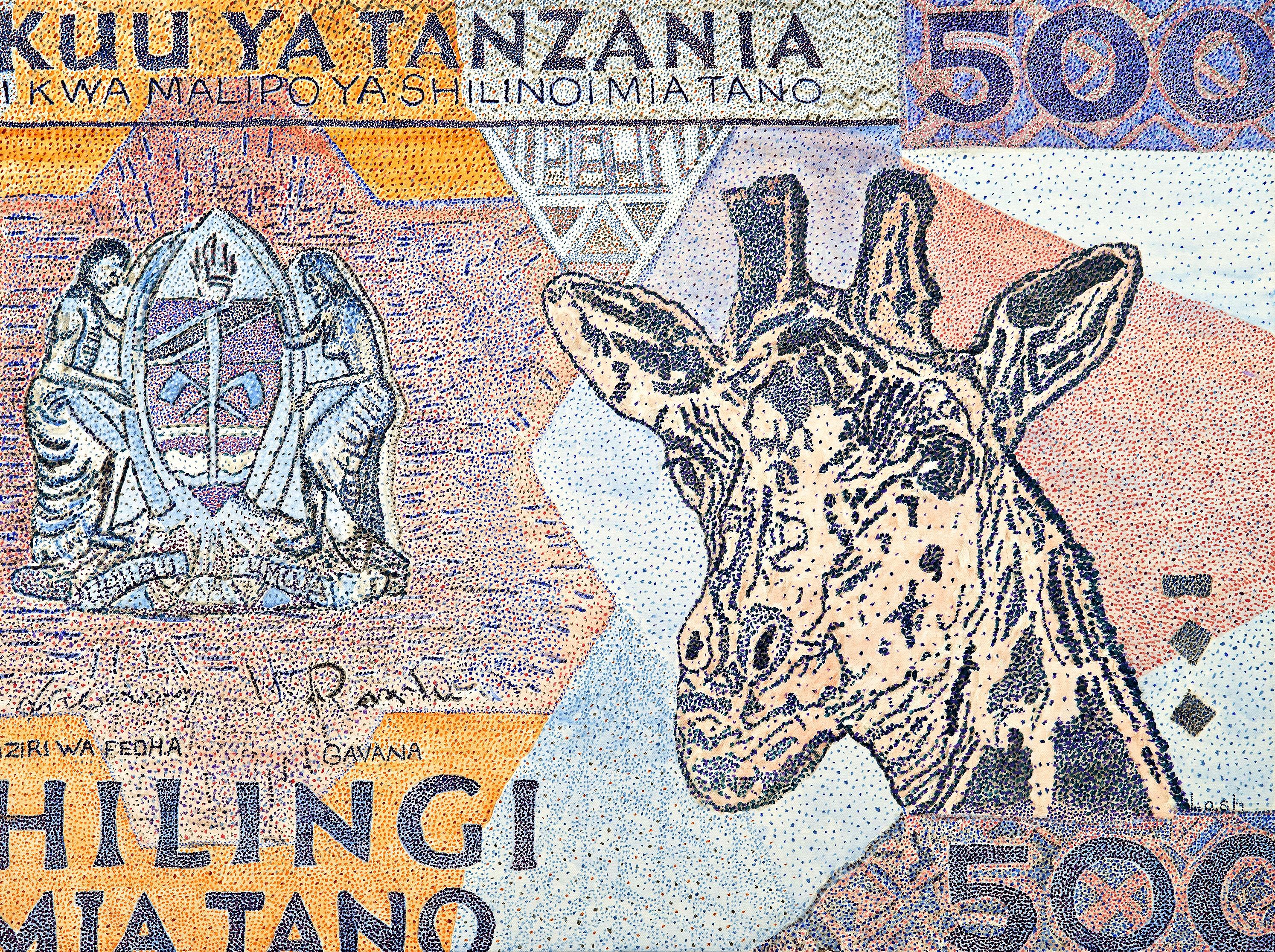Jirafa de Tanzania, animal, texto de motivos puntillistas brillantes moneda mundial