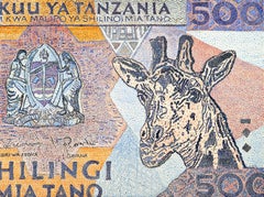 Jirafa de Tanzania, animal, texto de motivos puntillistas brillantes moneda mundial