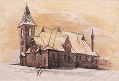 Church in Leadville, Colorado, 1930s Framed Landscape Watercolor & Ink Painting