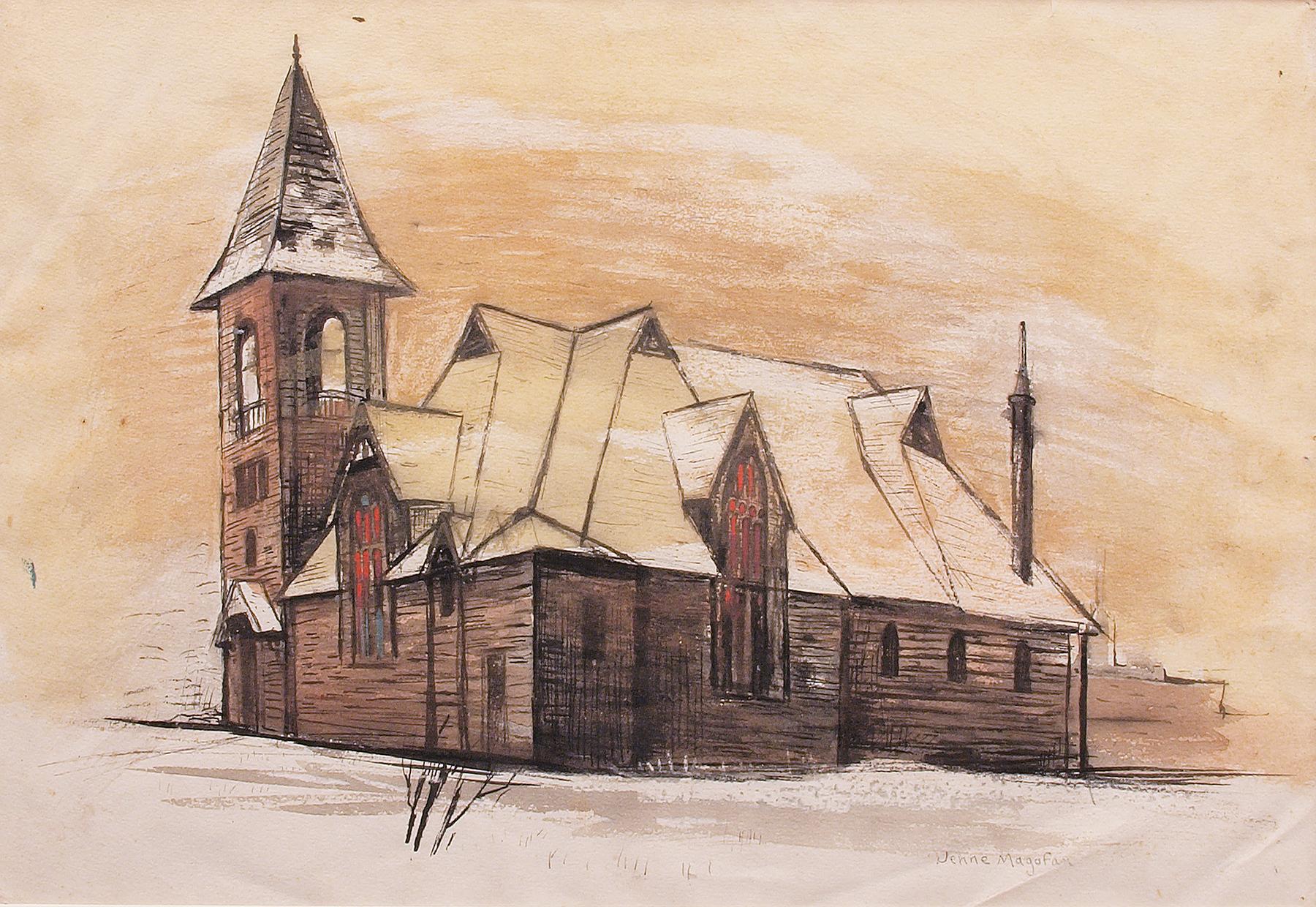 Church in Leadville, Colorado, 1930er Jahre, gerahmte Landschaft, Aquarell-Tintenmalerei  – Painting von Jenne Magafan