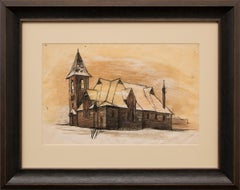 Vintage Church in Leadville, Colorado, 1930s Framed Landscape Watercolor Ink Painting 