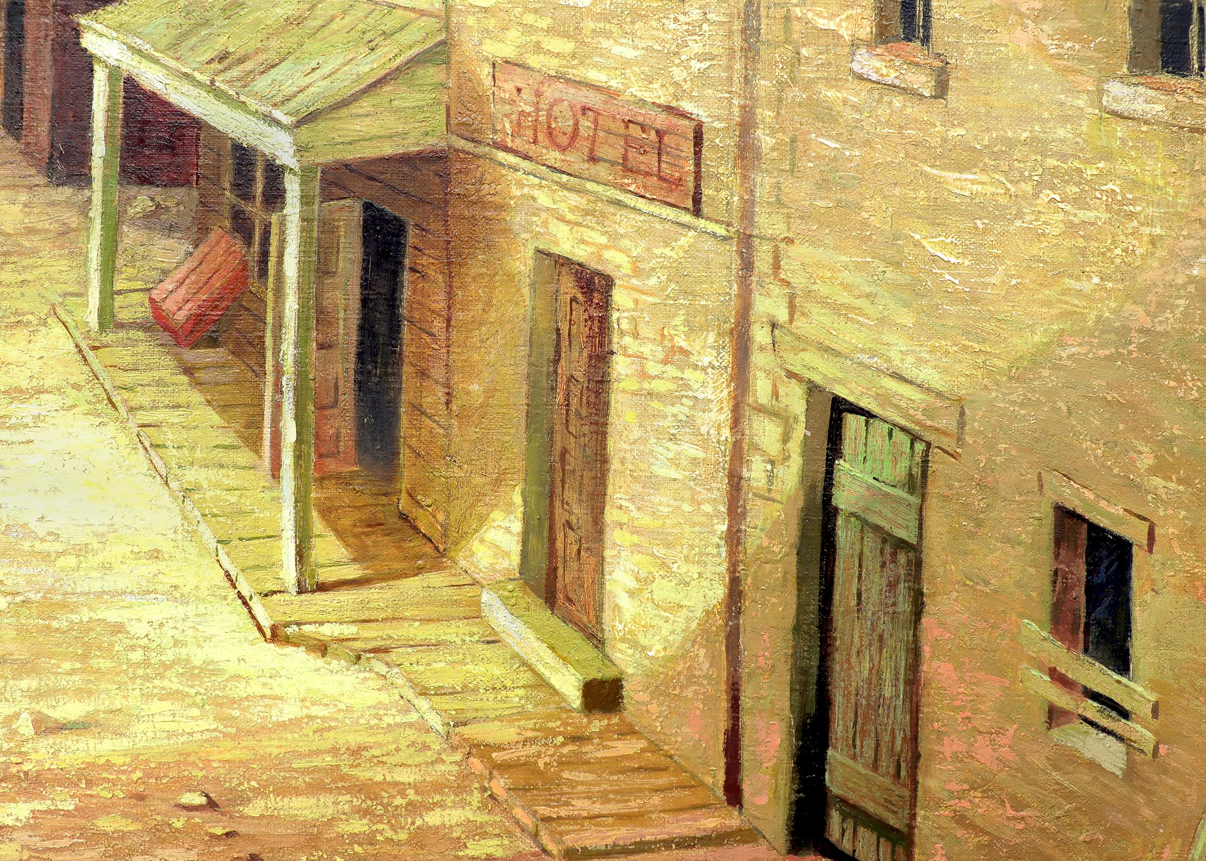 Deserted Street, Figurative Exterior Painting with Yellow, Orange and Red For Sale 1