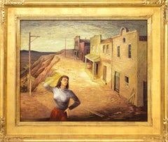 Vintage Deserted Street, Figurative Exterior Painting with Yellow, Orange and Red