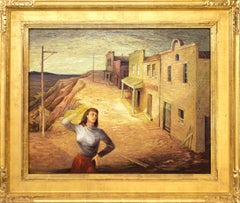 Quadro figurativo moderno americano degli anni '40 della WPA raffigurante una figura in una strada deserta