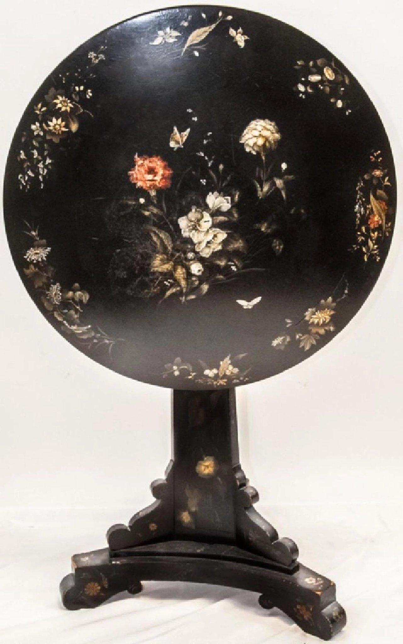 Antique English Victorian 19th C. Jennens & Bettridge Tilt Top Table. This 19th Century tilt top table is by Jennings & Bettridge Makers to the Queen. Circa mid-1800's it is hand painted with a floral motif and carries the makers stamp. 