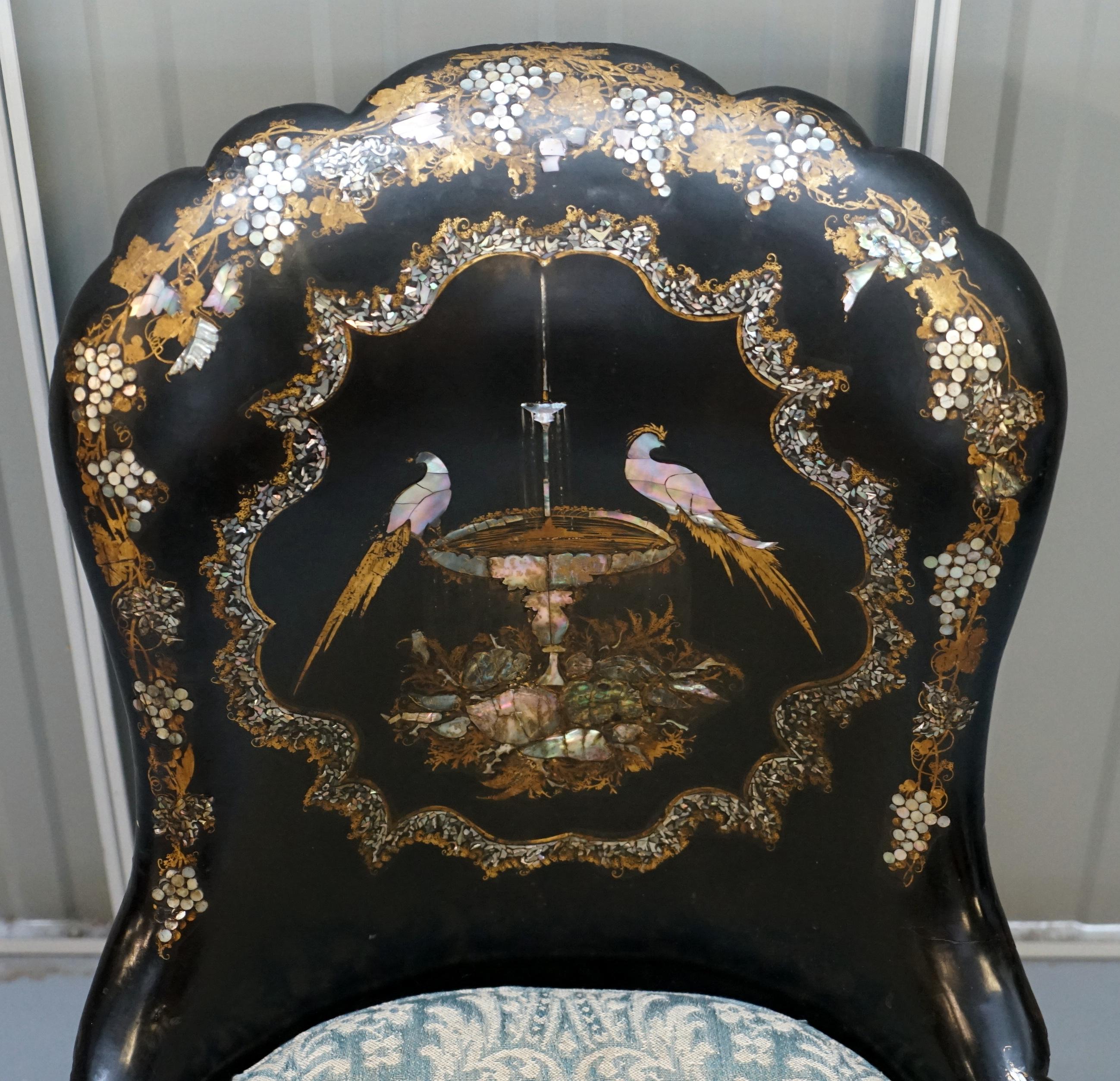 Jennens & Bettridge Brimm Parcel Gilt Papier Mâché Mother of Pearl Birds Chair 4