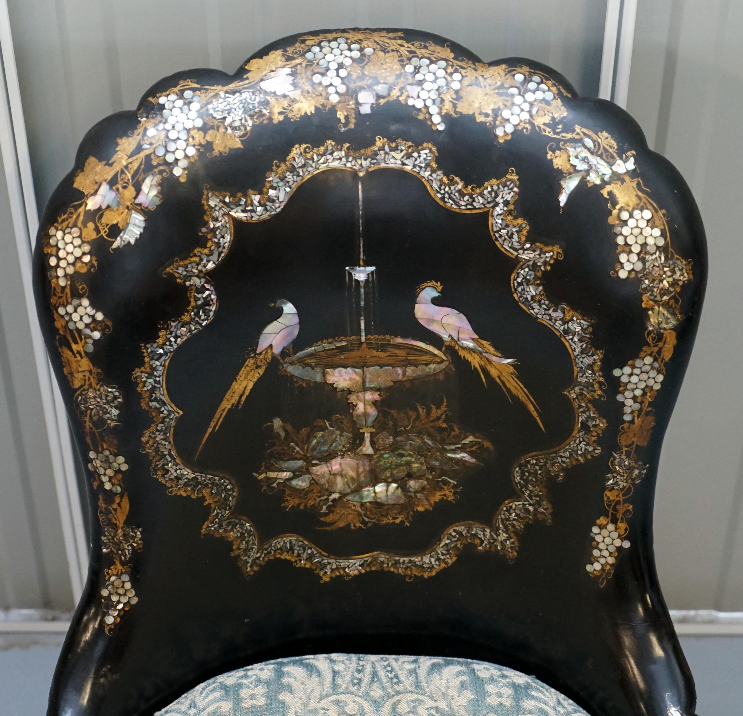 Jennens & Bettridge Brimm Parcel Gilt Papier Mâché Mother of Pearl Birds Chair 5