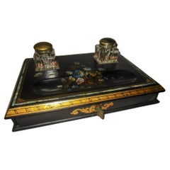 Jennens & Bettridge English Papier Mâché Inkstand with Drawer & Crystal Inkwells