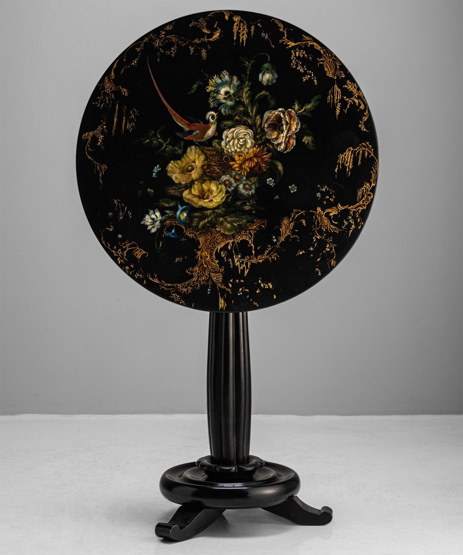 Jennens & Bettridge tilt-top occasional table
England circa 1840
Jennens and Bettridge were a royally appointed maker and highly regarded for producing quality papier-mâché wares. This table features an ebony lacquered papier-mâché top.
Meaures:
