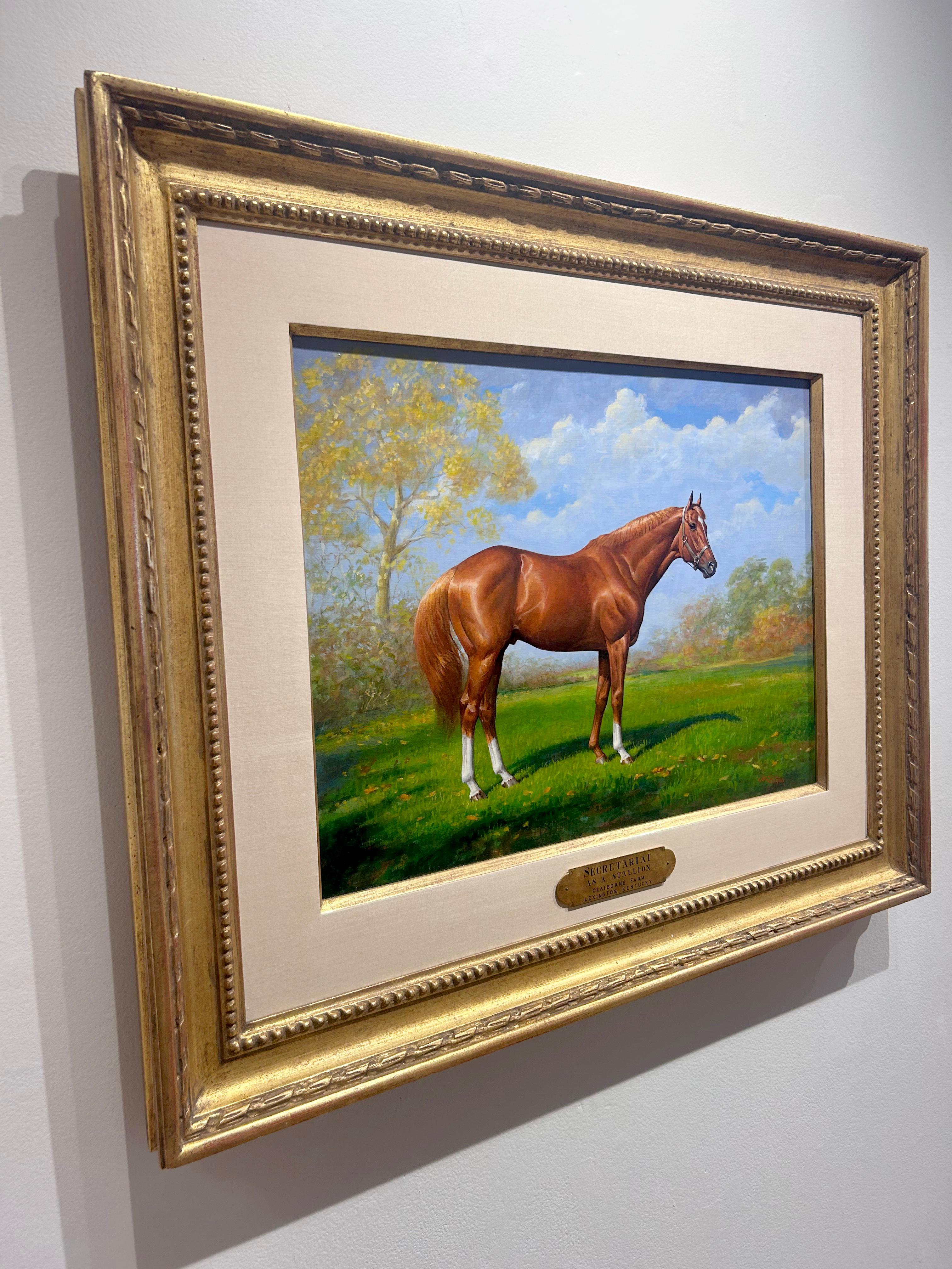 This rare original equine painting by renown artist, Jenness Cortez, features a stately portrait of legendary racehorse Secretariat standing in the lush verdant grass at Claiborne Farm. Bathing in the warmth of an afternoon sun, Secretariat's