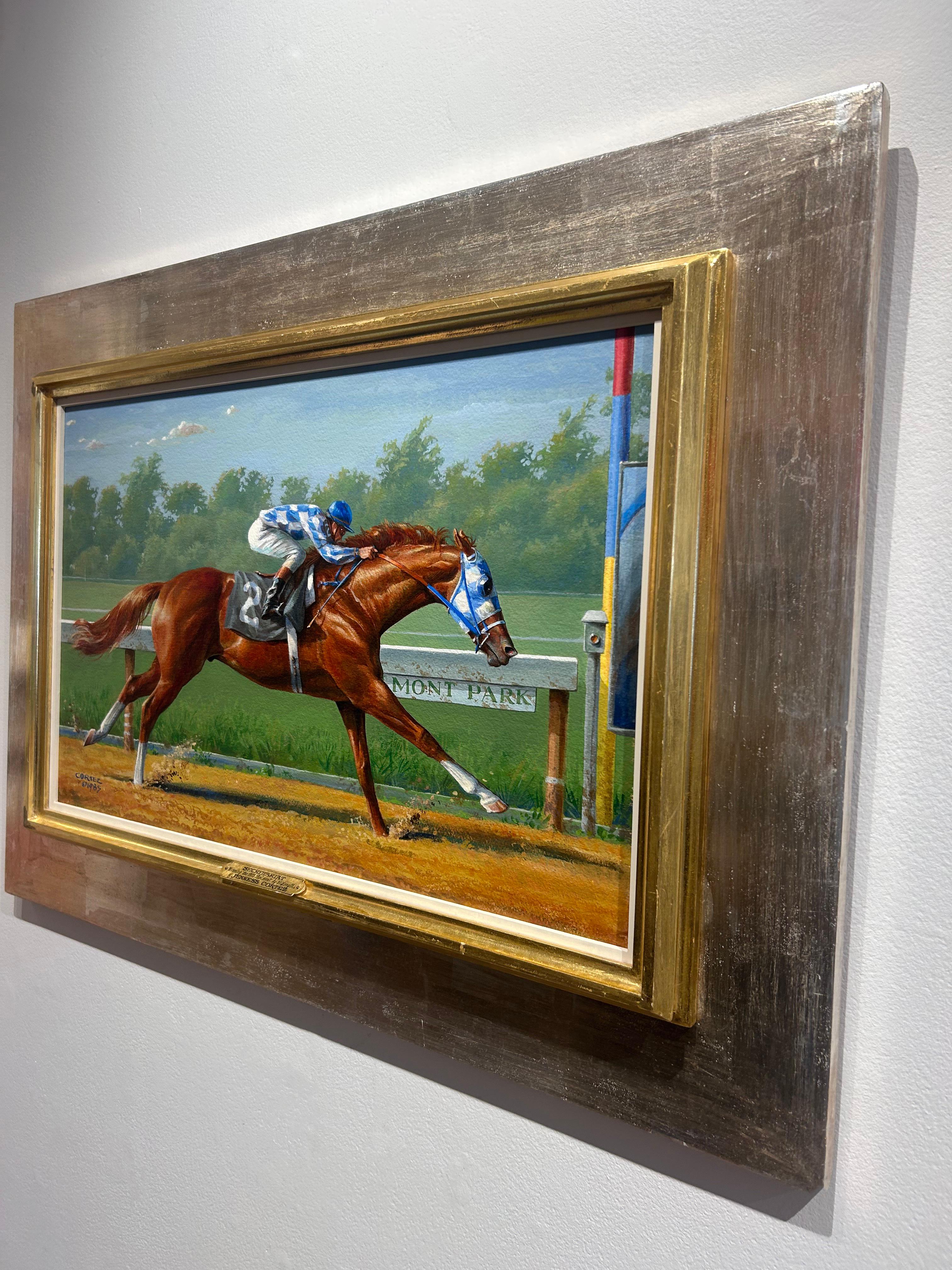 This rare original equine painting by renowned artist, Jenness Cortez, features legendary racehorse Secretariat sprinting towards the finish line at the 1973 Belmont race, winning by an incredible and historical 31 lengths. 

Titled, “Secretariat,