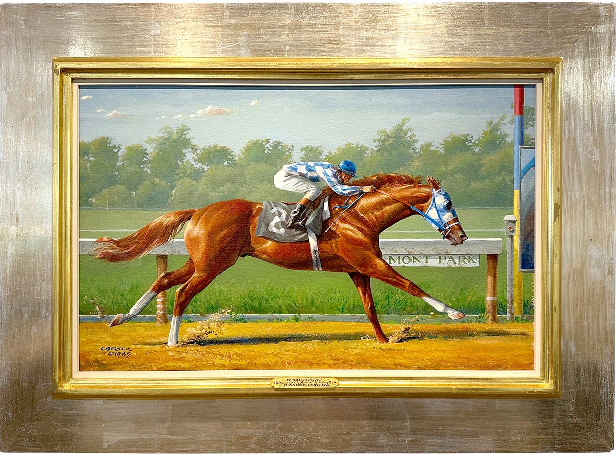 Dieses seltene Original-Pferdegemälde der bekannten Künstlerin Jenness Cortez zeigt das legendäre Rennpferd Secretariat, das beim Belmont-Rennen 1973 mit einem unglaublichen und historischen Vorsprung von 31 Längen auf die Ziellinie sprintet.