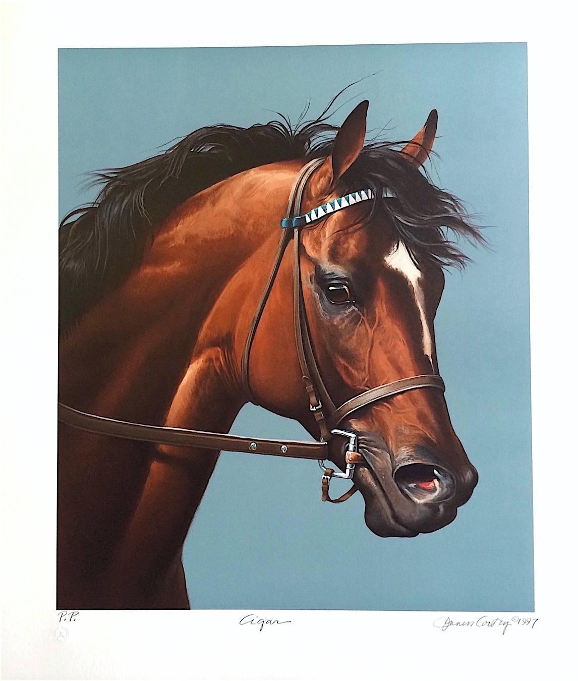 CIGAR-Champion Horse Portrait, Hand Drawn Lithograph, Horse Racing - Print by Jenness Cortez