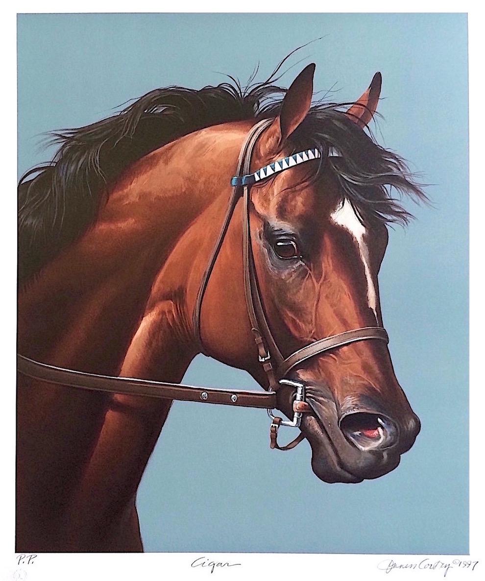 CIGAR-Champion Horse Portrait Signed Lithograph Equine Art, Horse Racing History - Print by Jenness Cortez