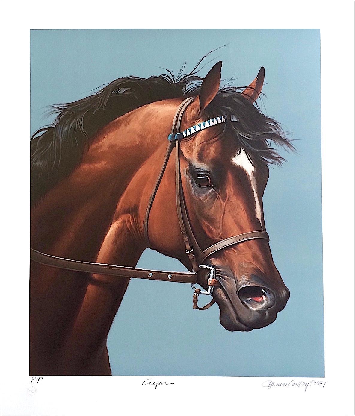 CIGAR-Champion Horse Portrait Signed Lithograph Equine Art, Horse Racing History - Gray Animal Print by Jenness Cortez