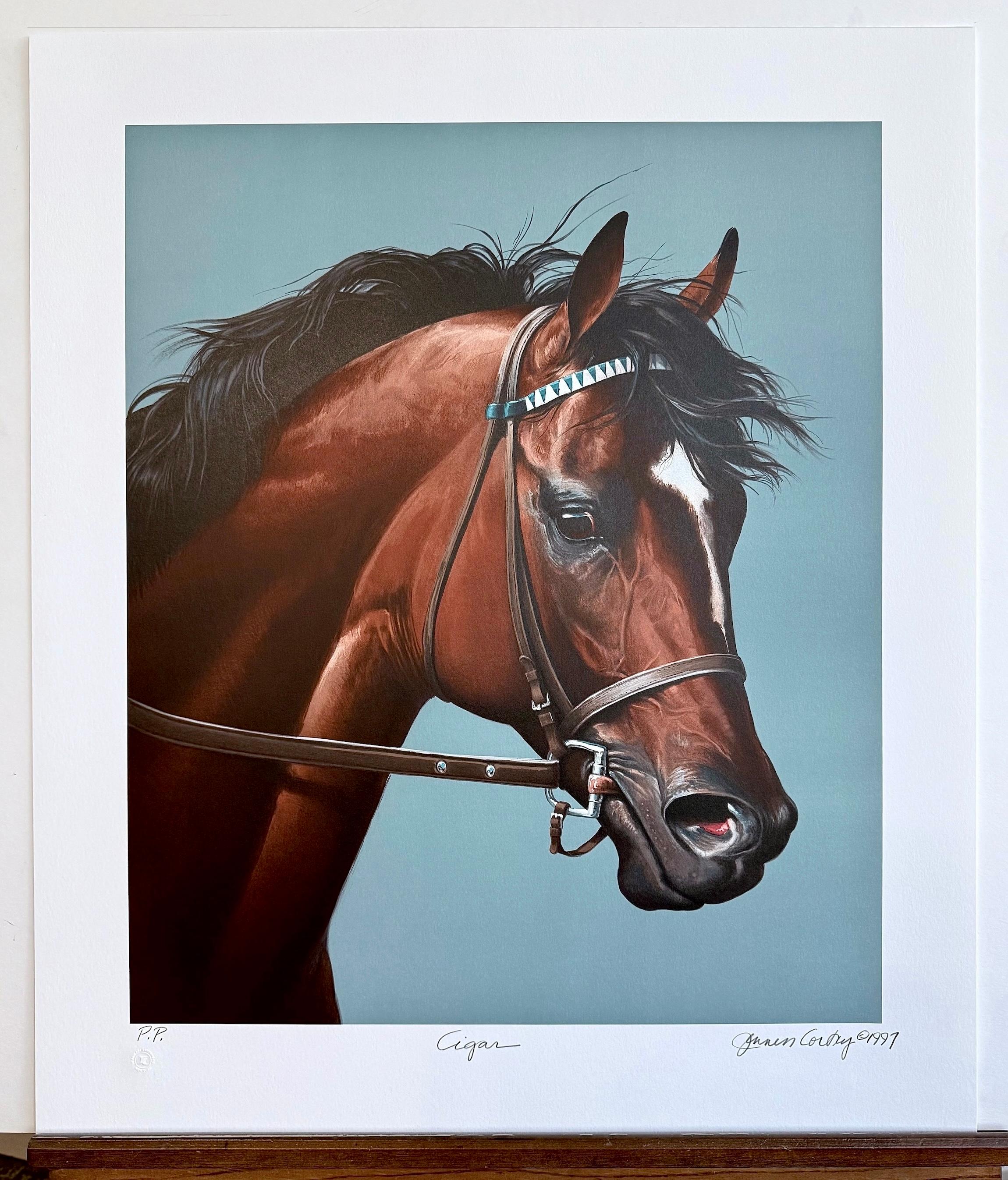 Portrait de cheval de champion signé CIGAR, lithographie d'art de l'équitation, histoire des courses de chevaux en vente 3