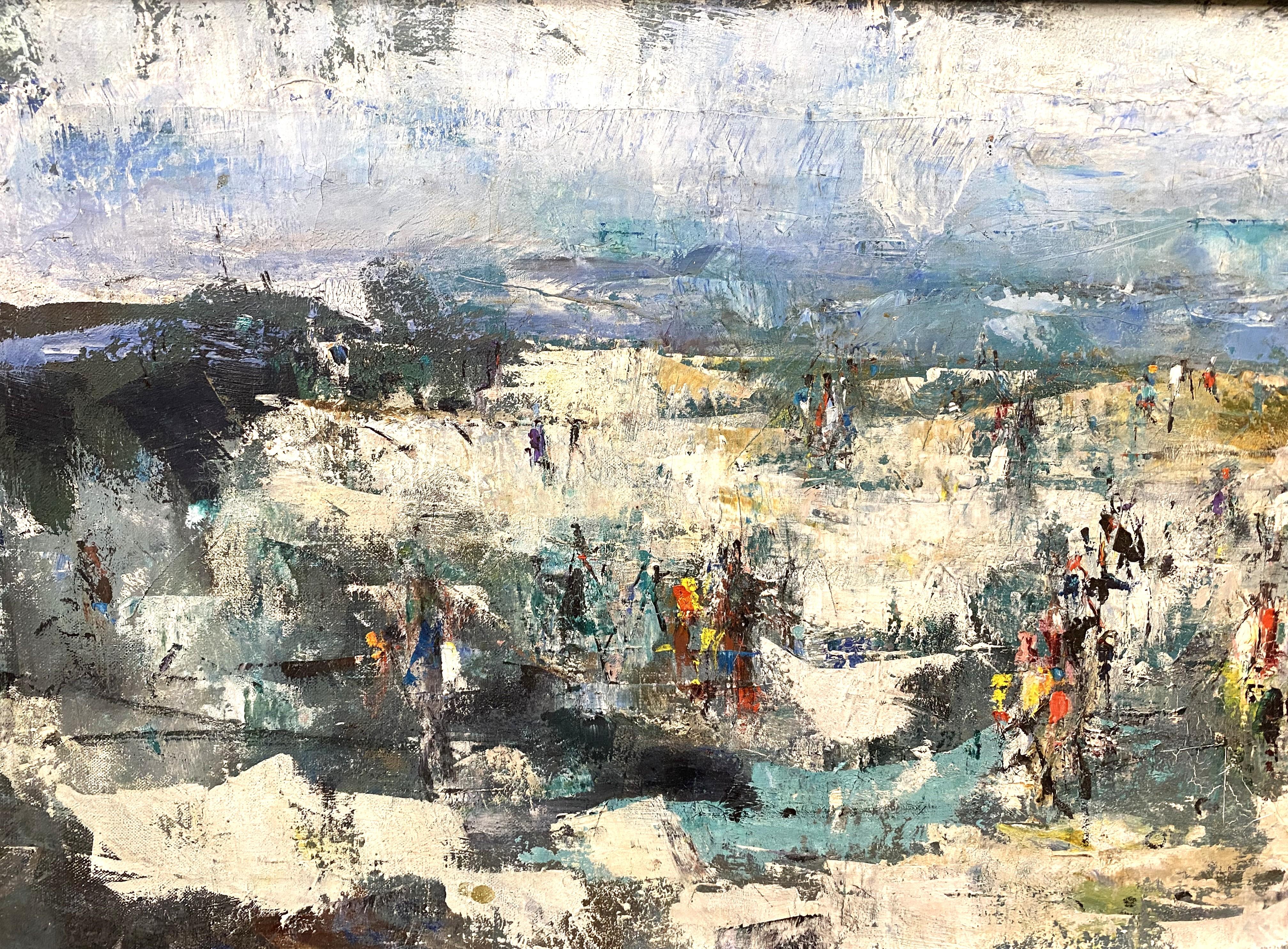 Una scena panoramica di spiaggia modernamente impressionista dell'artista americana Jennett Brinsmade Lam (1911-1985). Lam è nata ad Ansonia, nel Connecticut, e ha studiato con Josef Albers all'Università di Yale, dove ha conseguito sia il Bachelor