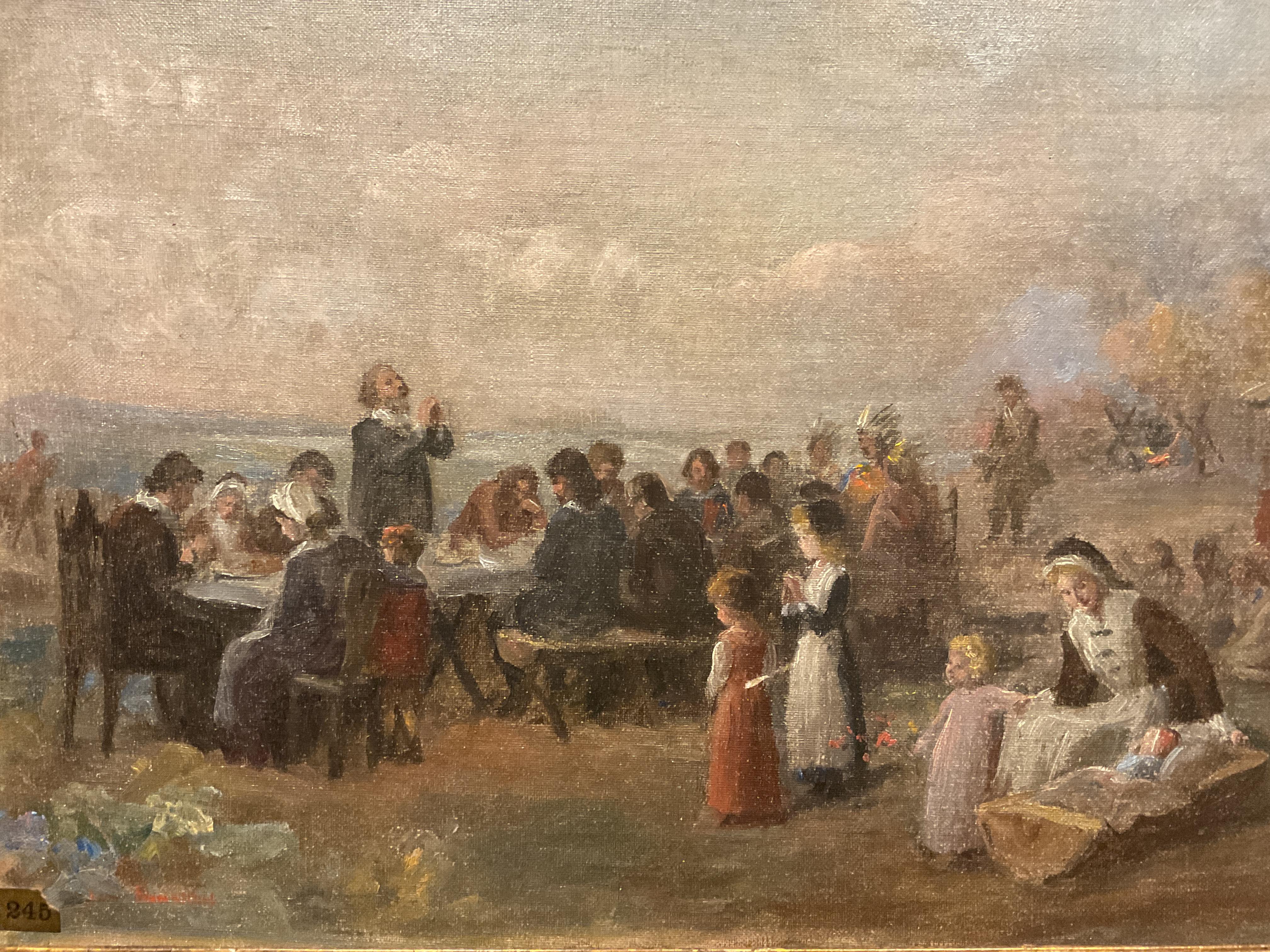 Peinture historique ancienne - Premier Thanksgiving, Plymouth - Jennie Brownscombe - Painting de Jennie Augusta Brownscombe