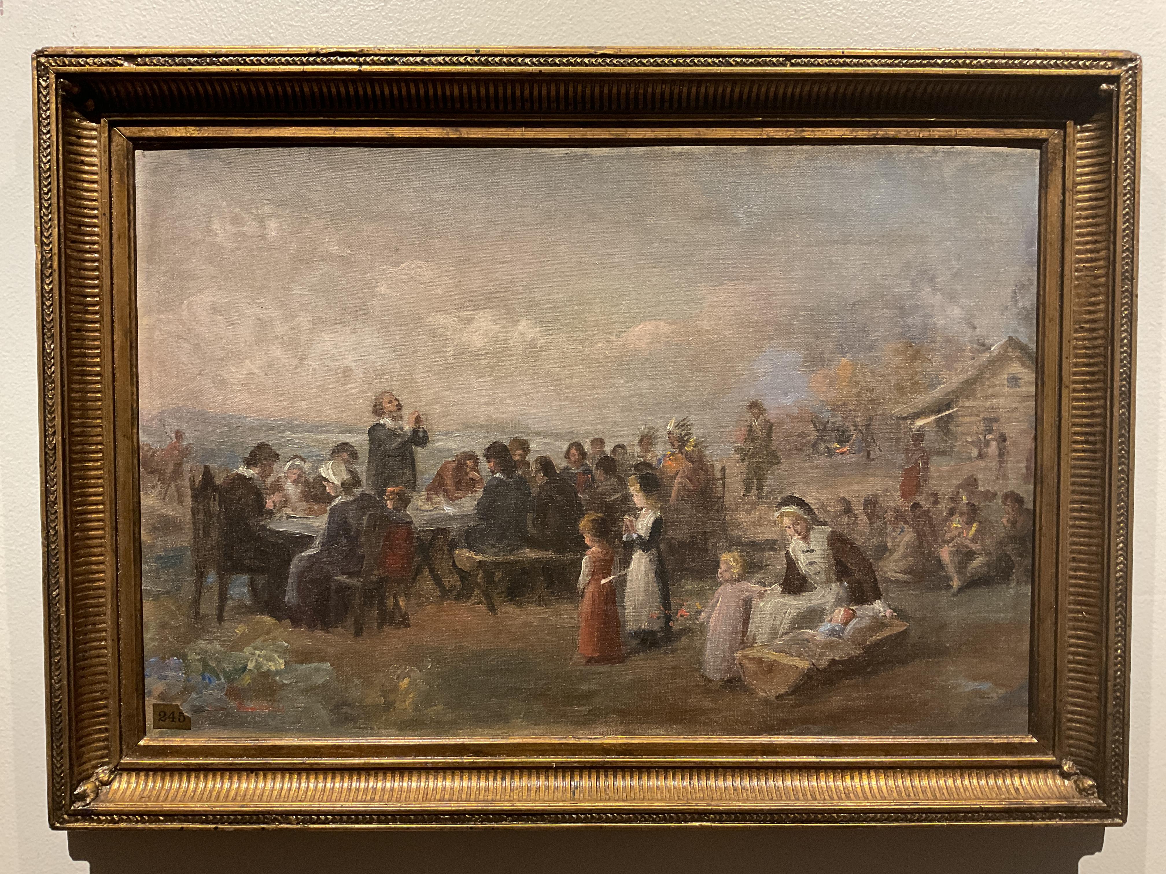 Jennie Augusta Brownscombe Figurative Painting - Antique Historical Painting - First Thanksgiving, Plymouth - Jennie Brownscombe