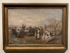 Antique Historical Painting - First Thanksgiving, Plymouth - Jennie Brownscombe