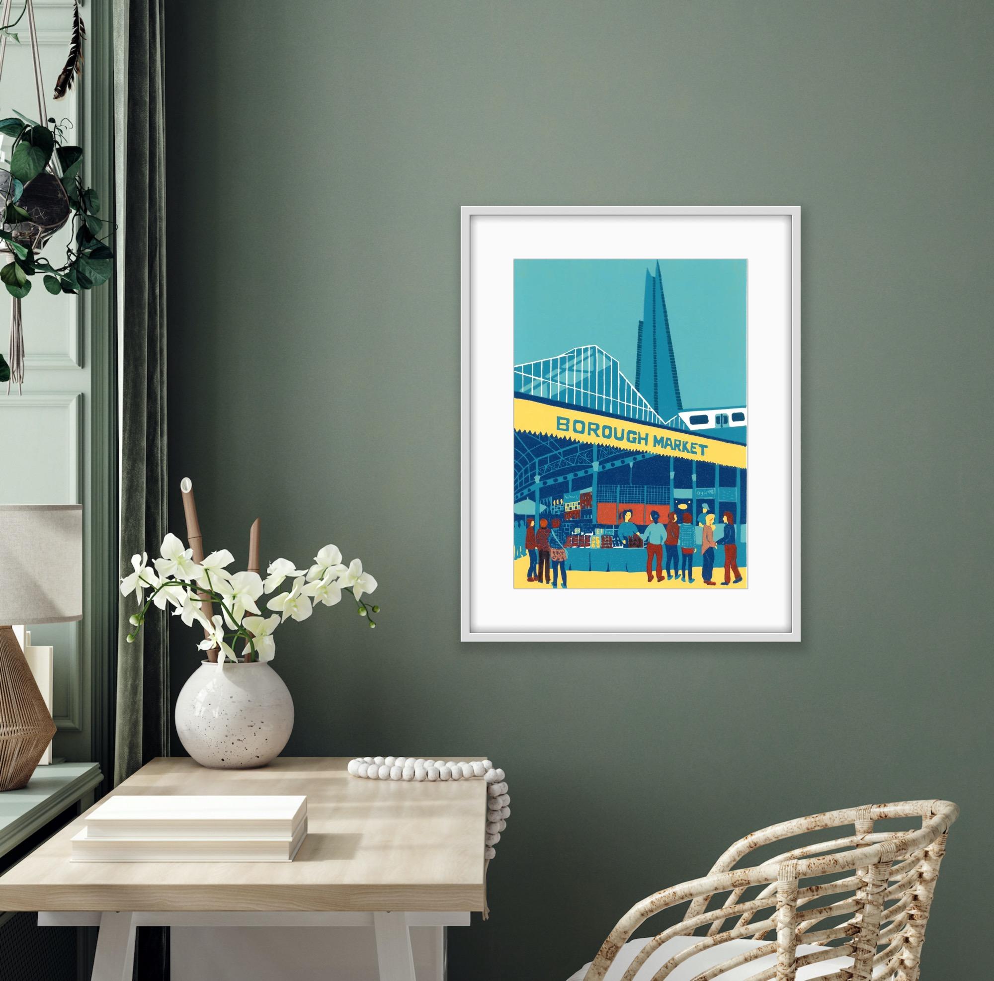 Borough Market, Stampa in edizione limitata, Londra, Paesaggio urbano - Figurative Print Blu di Jennie Ing
