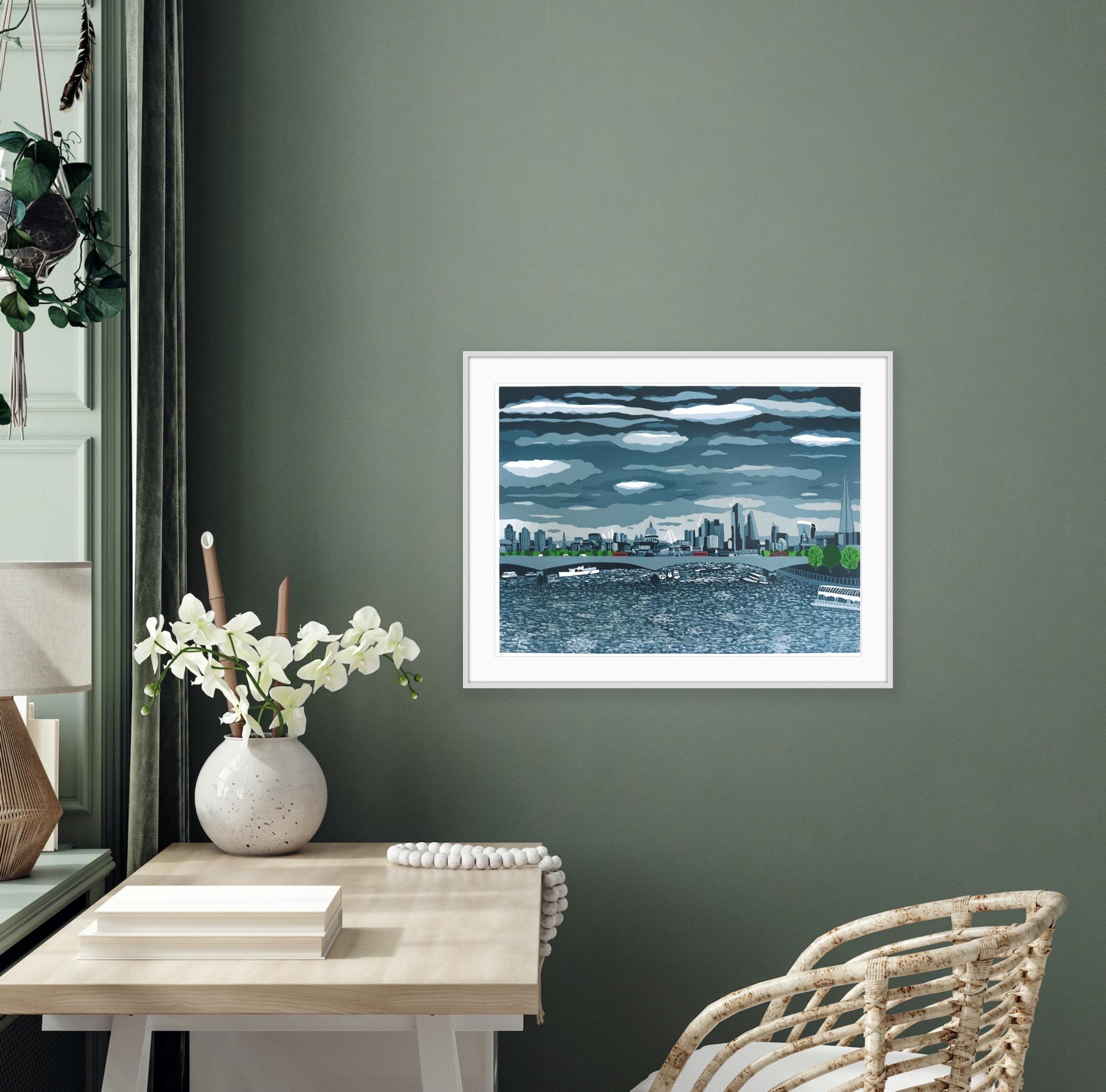 Passing Storm (Waterloo Bridge), Limited edition print, Cityscape, London - Blue Landscape Print by Jennie Ing