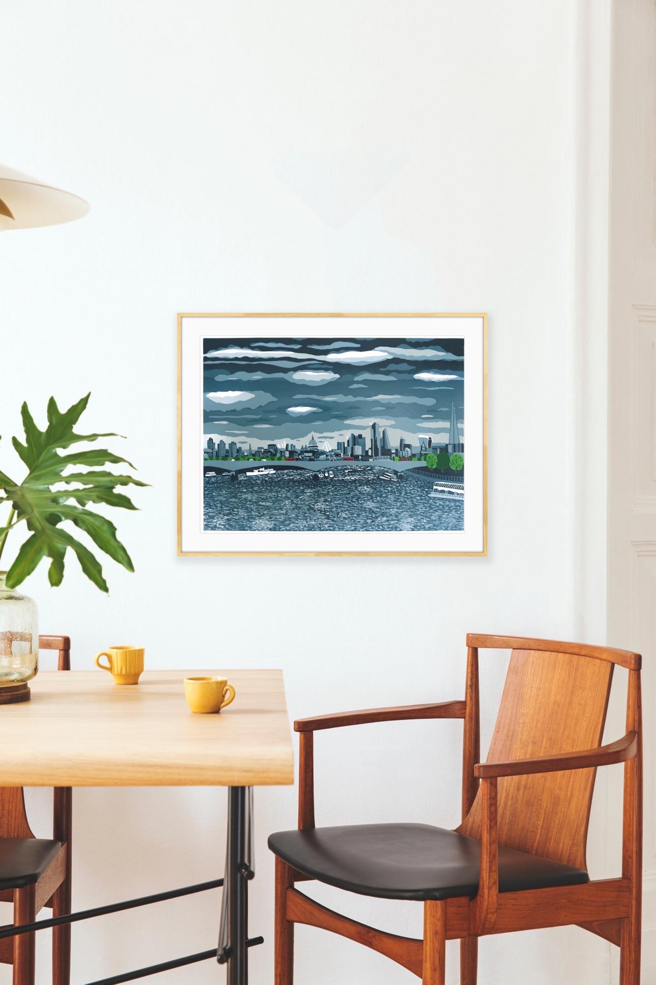 The view from London's Hungerford Bridge looking east with Waterloo Bridge in the foreground and the city skyline beyond. To depict a stormy scene was inspired by those quick heavy summer storms we experience so frequently. I had recently just been