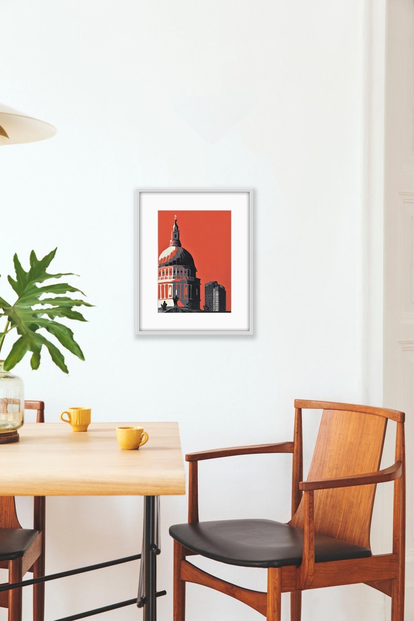 Catedral de San Pablo con Barbican ( naranja), Impresión en edición limitada, Londres - Print Contemporáneo de Jennie Ing