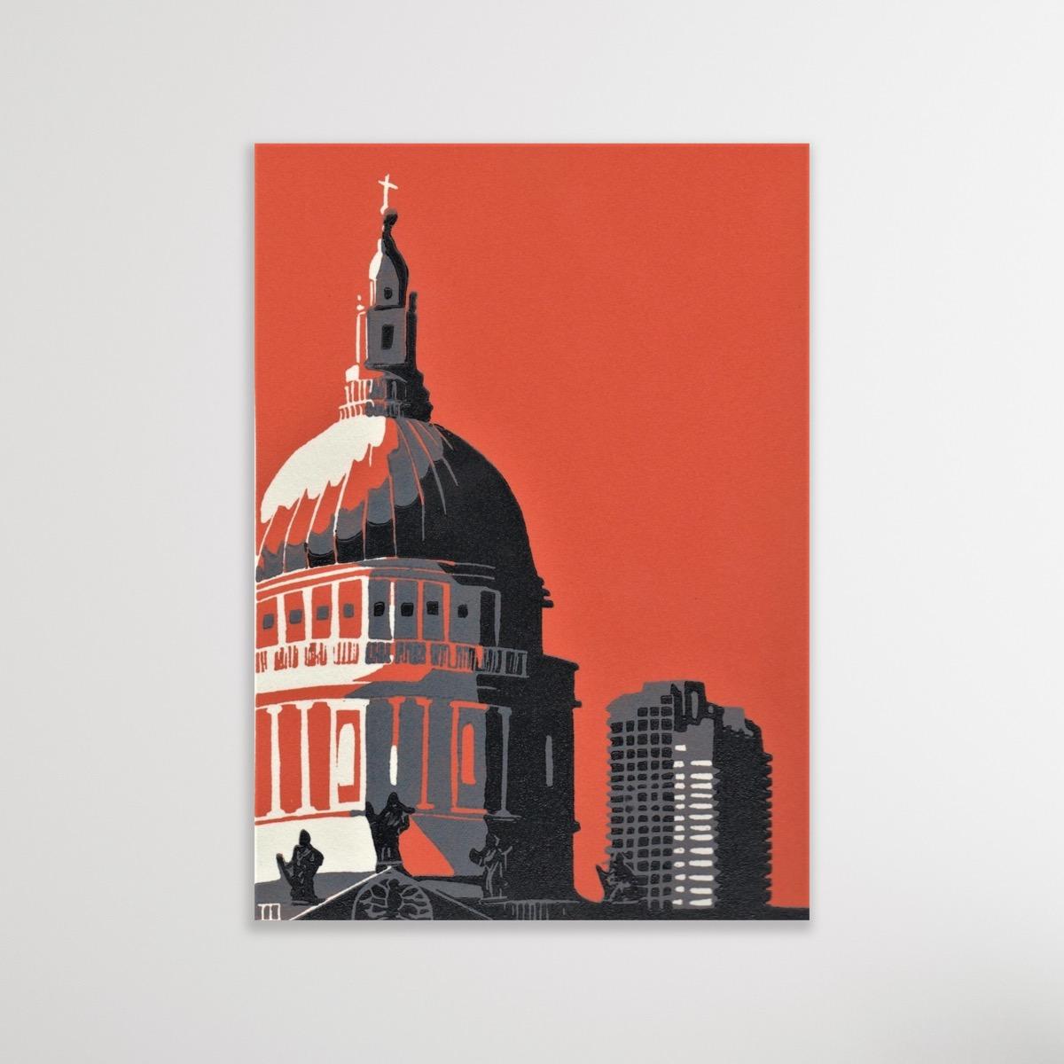 Catedral de San Pablo con Barbican (naranja), por Jennie Ing [2020]
 
 Impresión linograbada hecha a mano de la catedral de San Pablo con una de las torres de la finca Barbican al fondo. Adoro Londres y me encanta la yuxtaposición de lo antiguo con