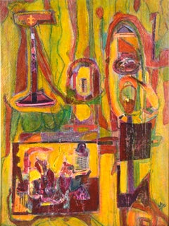 Abstraktes expressionistisches Stilleben in Gelb und Rot - Original Mixed Media Stück