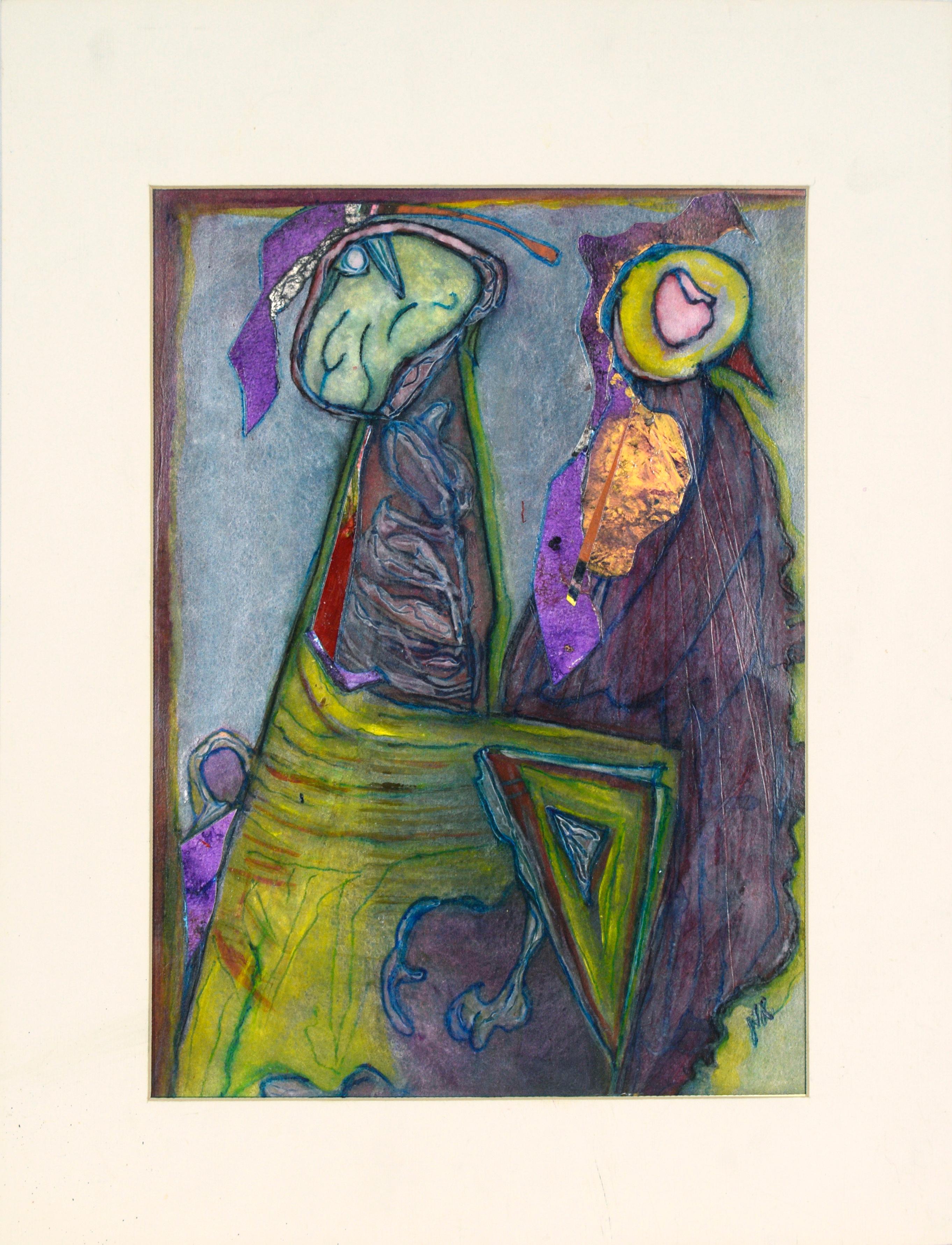 Figure astratte in viola e verde - Pezzo originale a tecnica mista