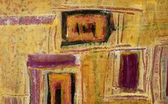 Huile architecturale abstraite psychédélique jaune et magenta sur carton épais