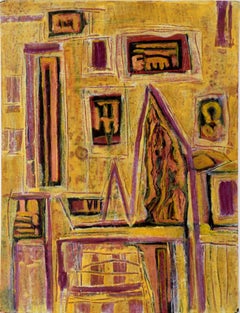 Vintage Architectural Psychedelic Abstract in Yellow & Magenta - Oil on Heavy Cardstock