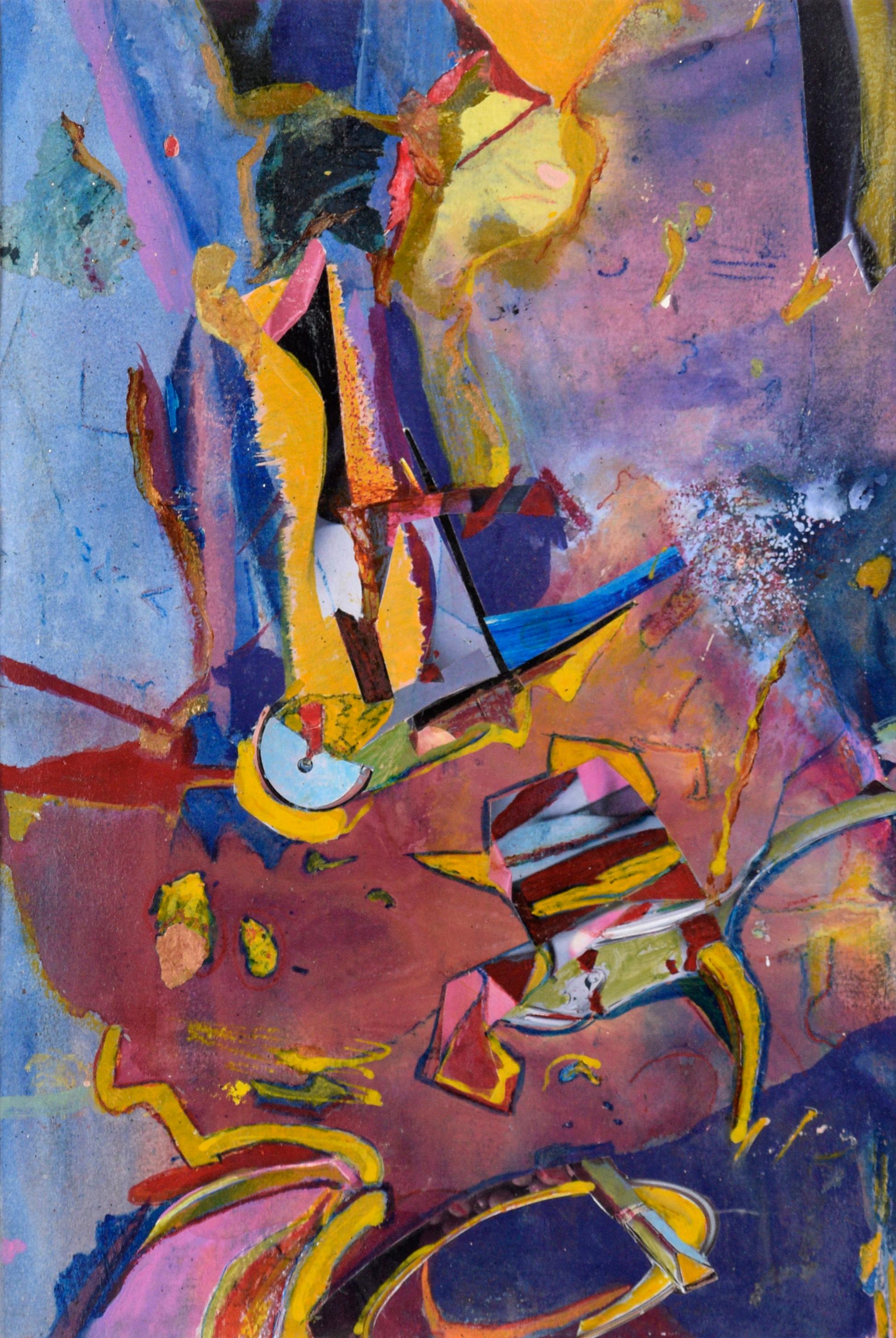Abstraktes Karnevals-Gemälde in Blau, Magenta und Gelb – Öl und Collage auf Papier – Painting von Jennie Rafton
