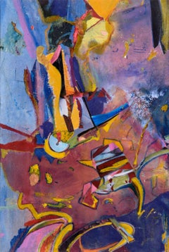 Abstraktes Karnevals-Gemälde in Blau, Magenta und Gelb – Öl und Collage auf Papier