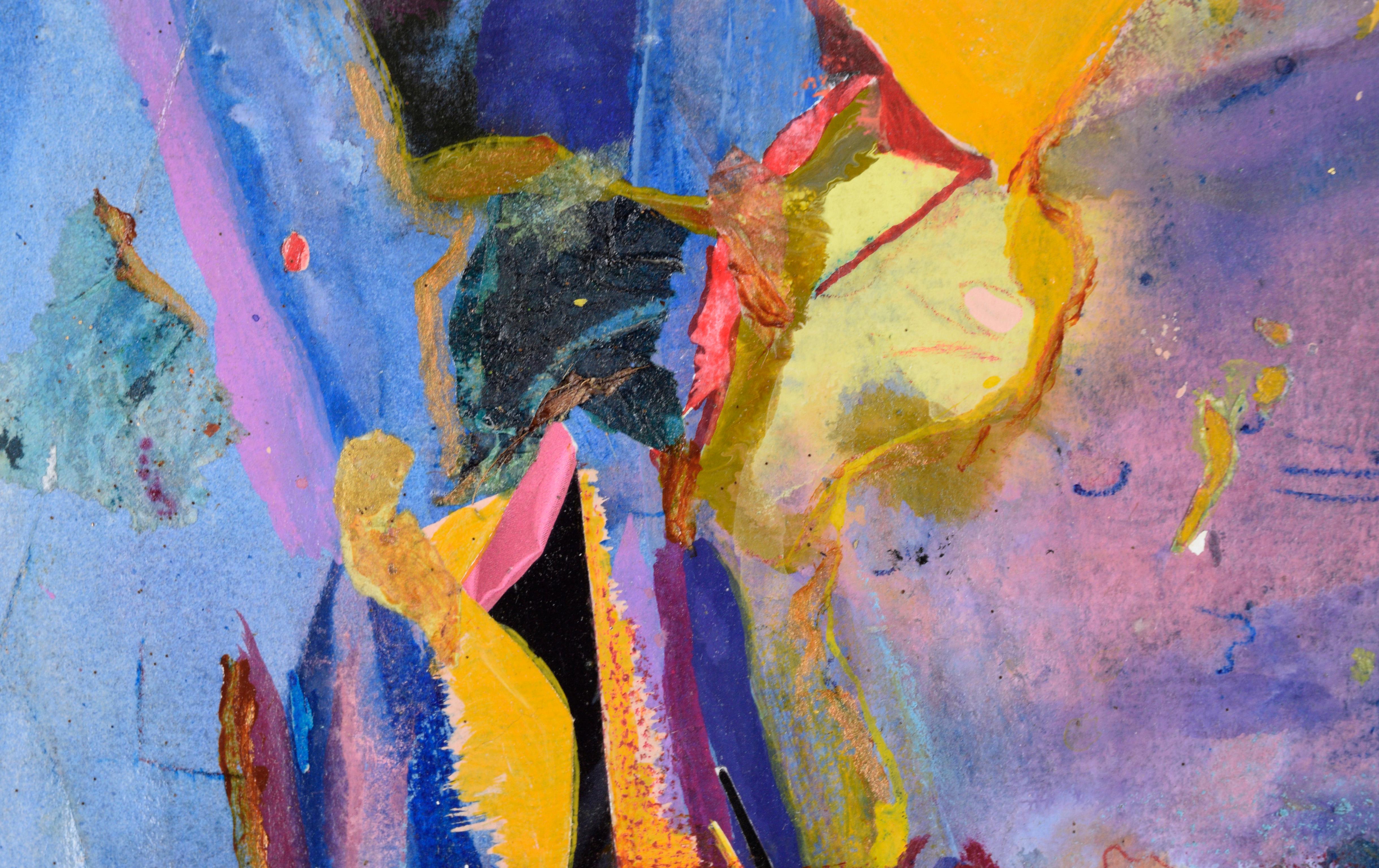 Tableau de carnaval abstrait en bleu, magenta et jaune, huile et collage sur papier - Expressionnisme abstrait Painting par Jennie Rafton