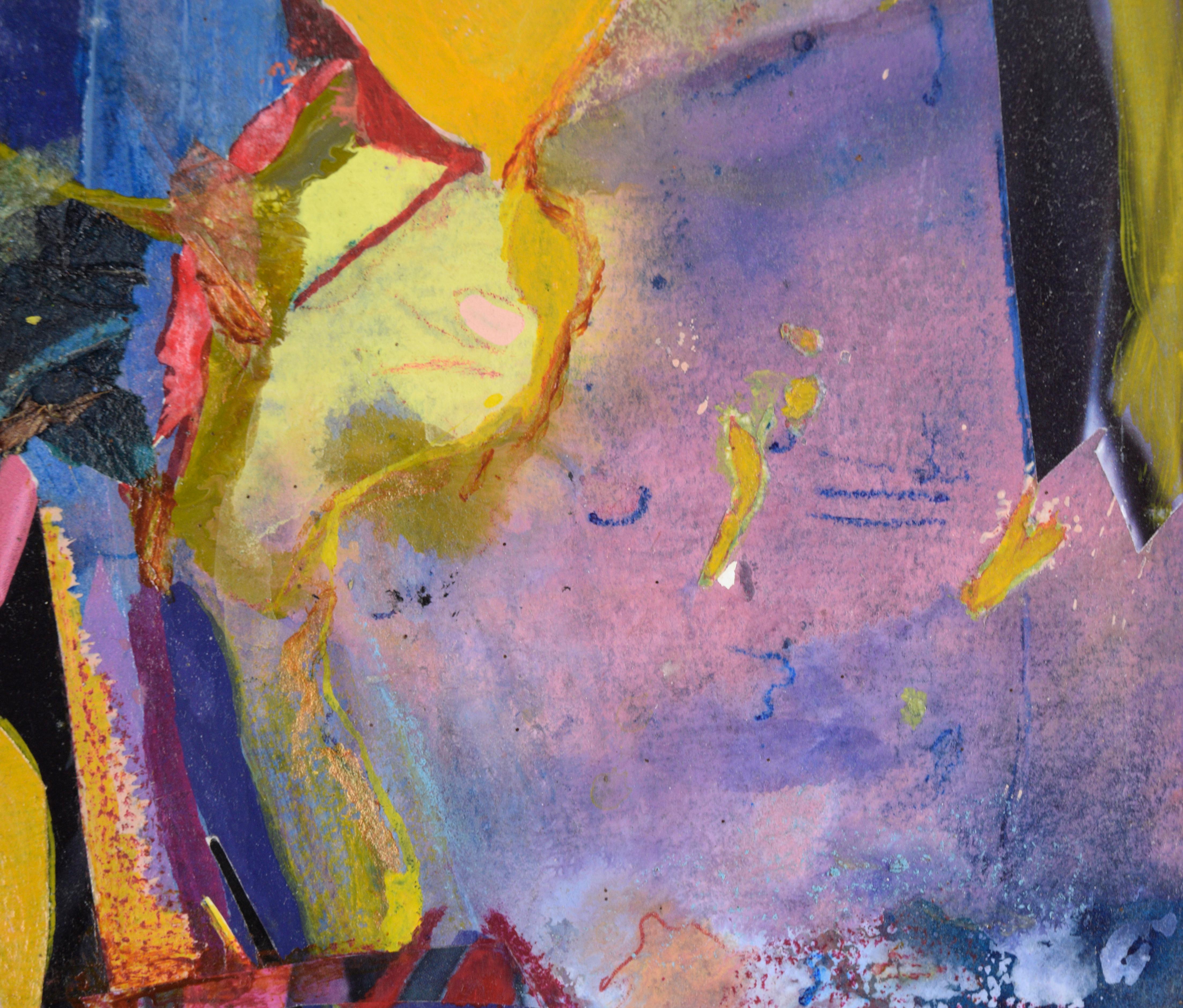 Carnival Abstract in Blue, Magenta, and Yellow - Oil and Collage on Paper - Abstract Expressionist Painting by Jennie Rafton