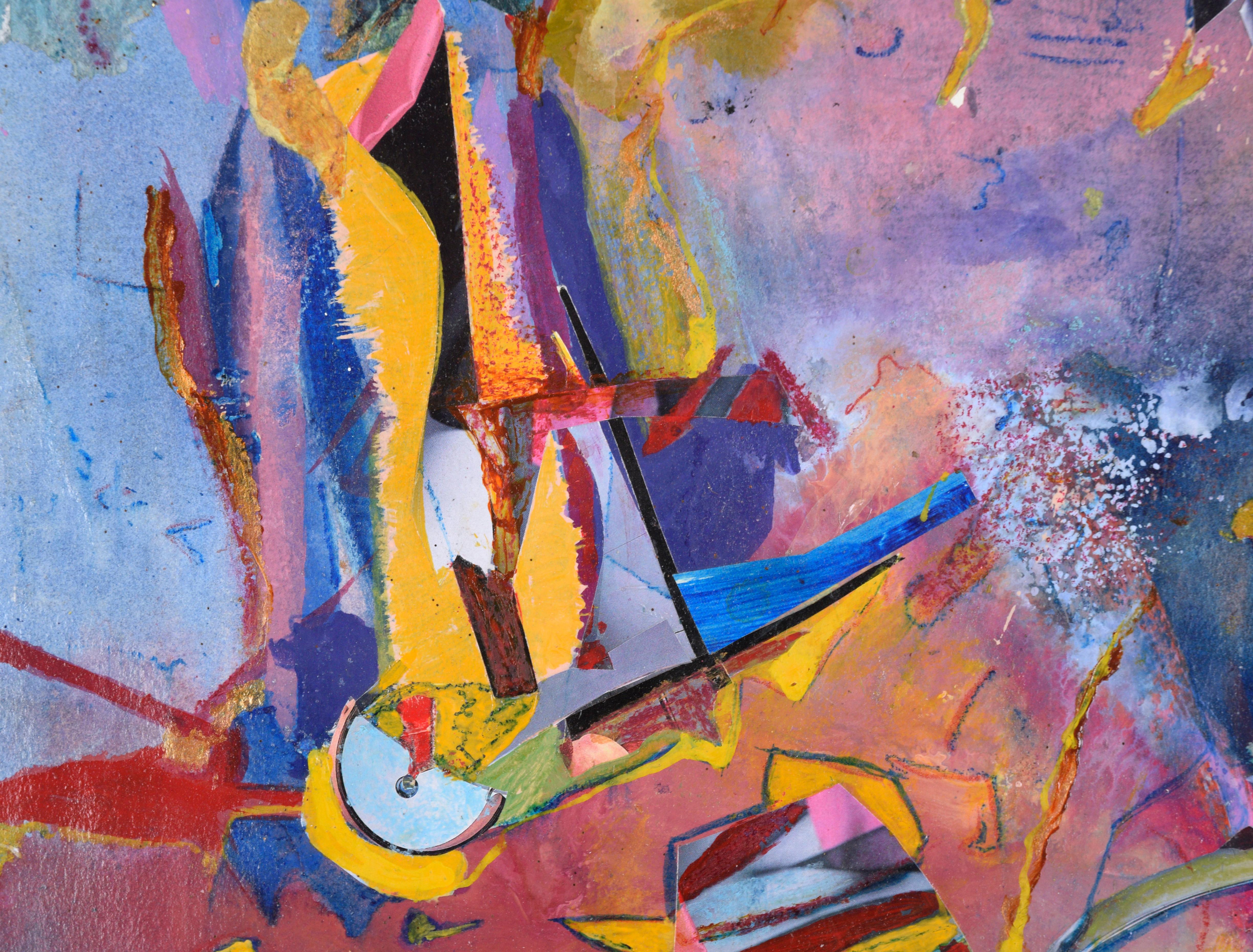 Abstraktes Karnevals-Gemälde in Blau, Magenta und Gelb – Öl und Collage auf Papier im Angebot 1