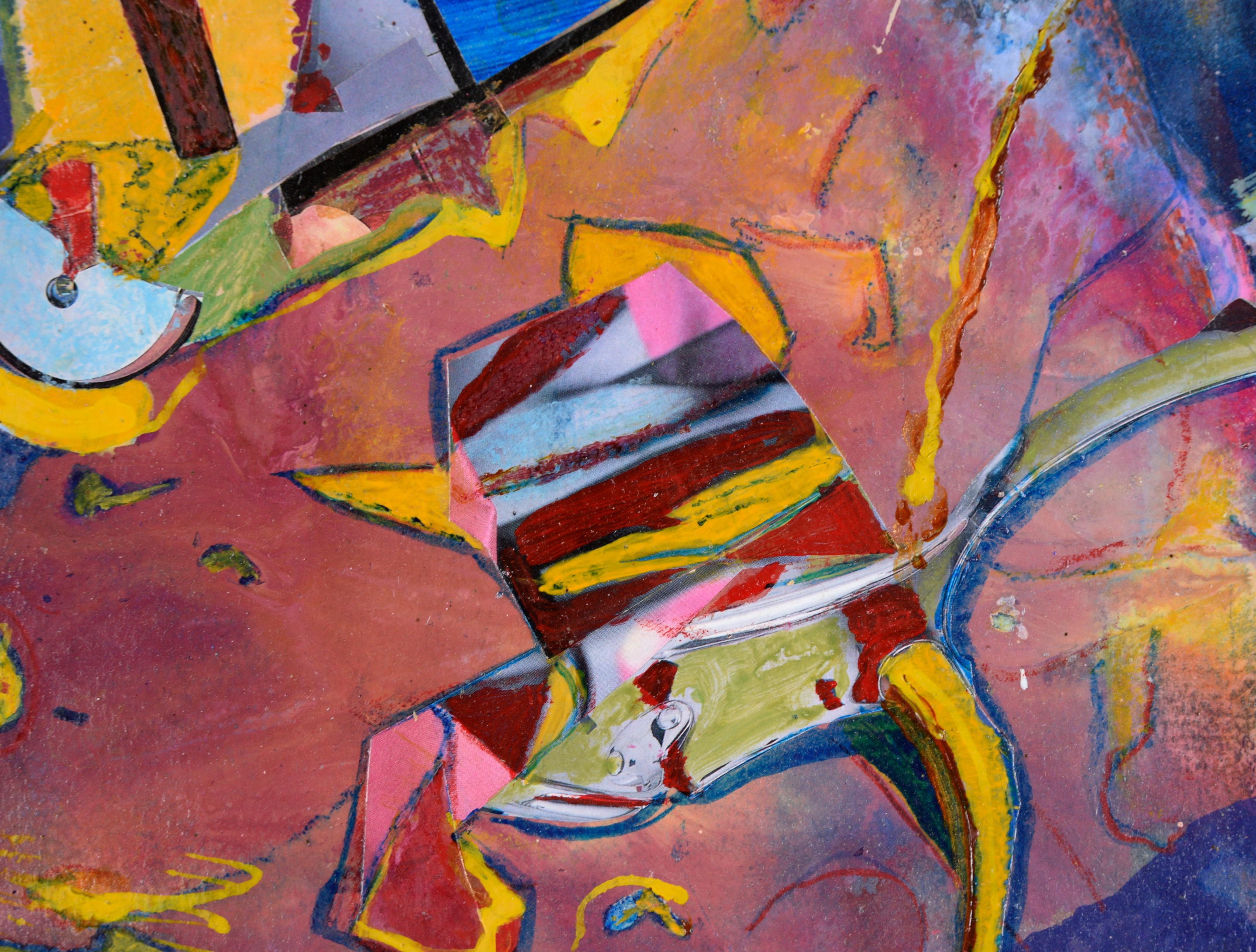 Abstraktes Karnevals-Gemälde in Blau, Magenta und Gelb – Öl und Collage auf Papier im Angebot 2