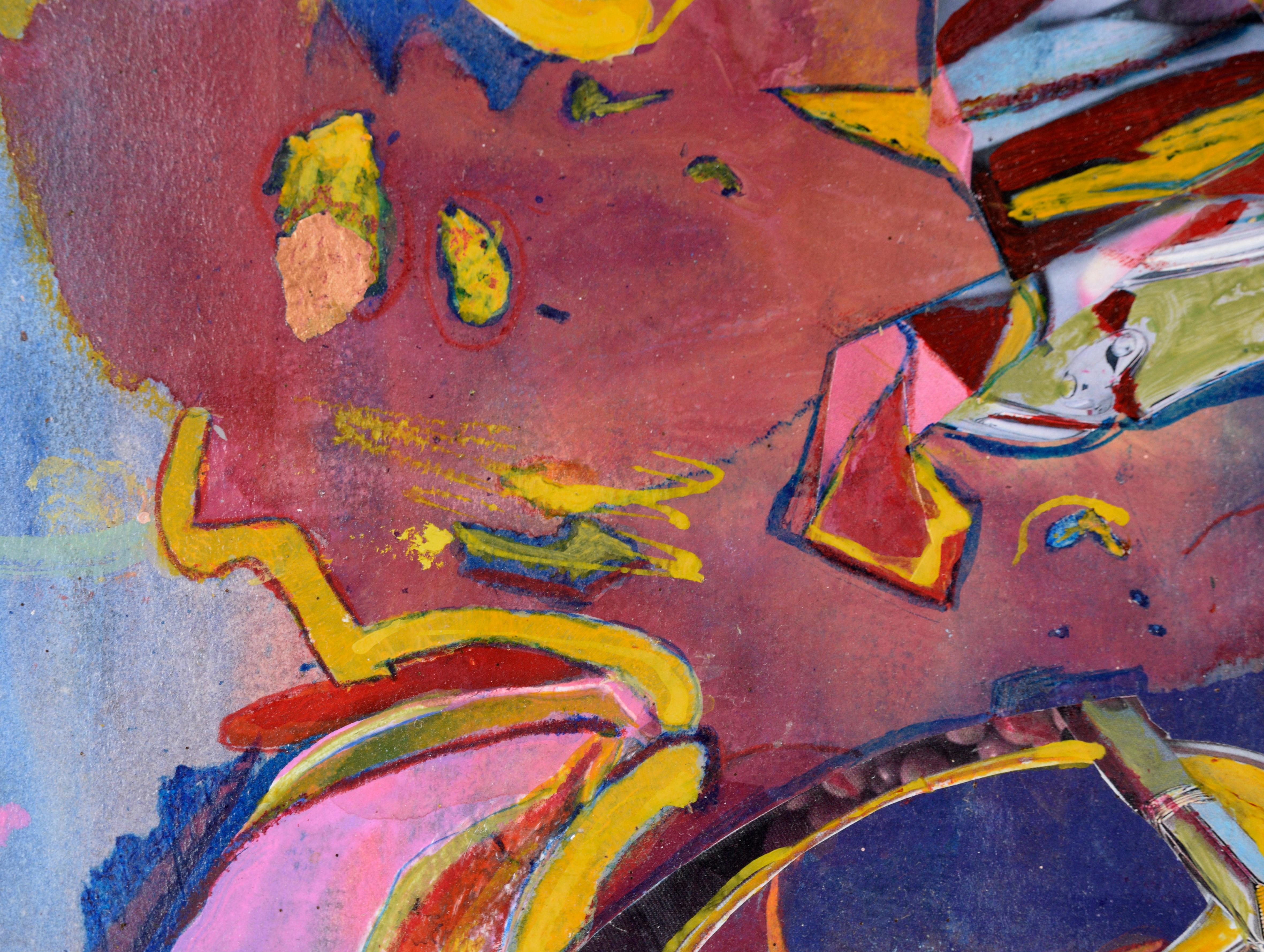Abstraktes Karnevals-Gemälde in Blau, Magenta und Gelb – Öl und Collage auf Papier im Angebot 3