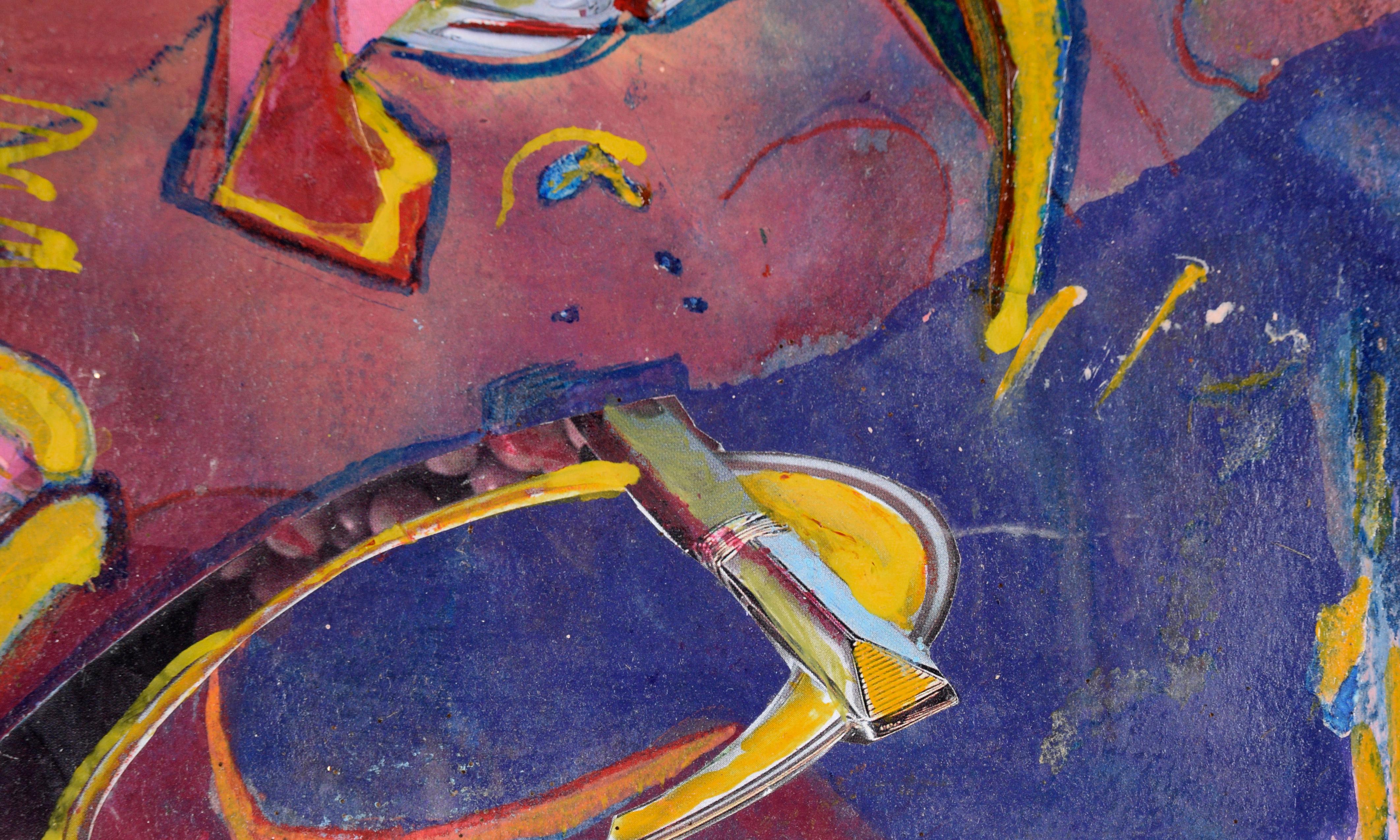 Abstraktes Karnevals-Gemälde in Blau, Magenta und Gelb – Öl und Collage auf Papier im Angebot 4