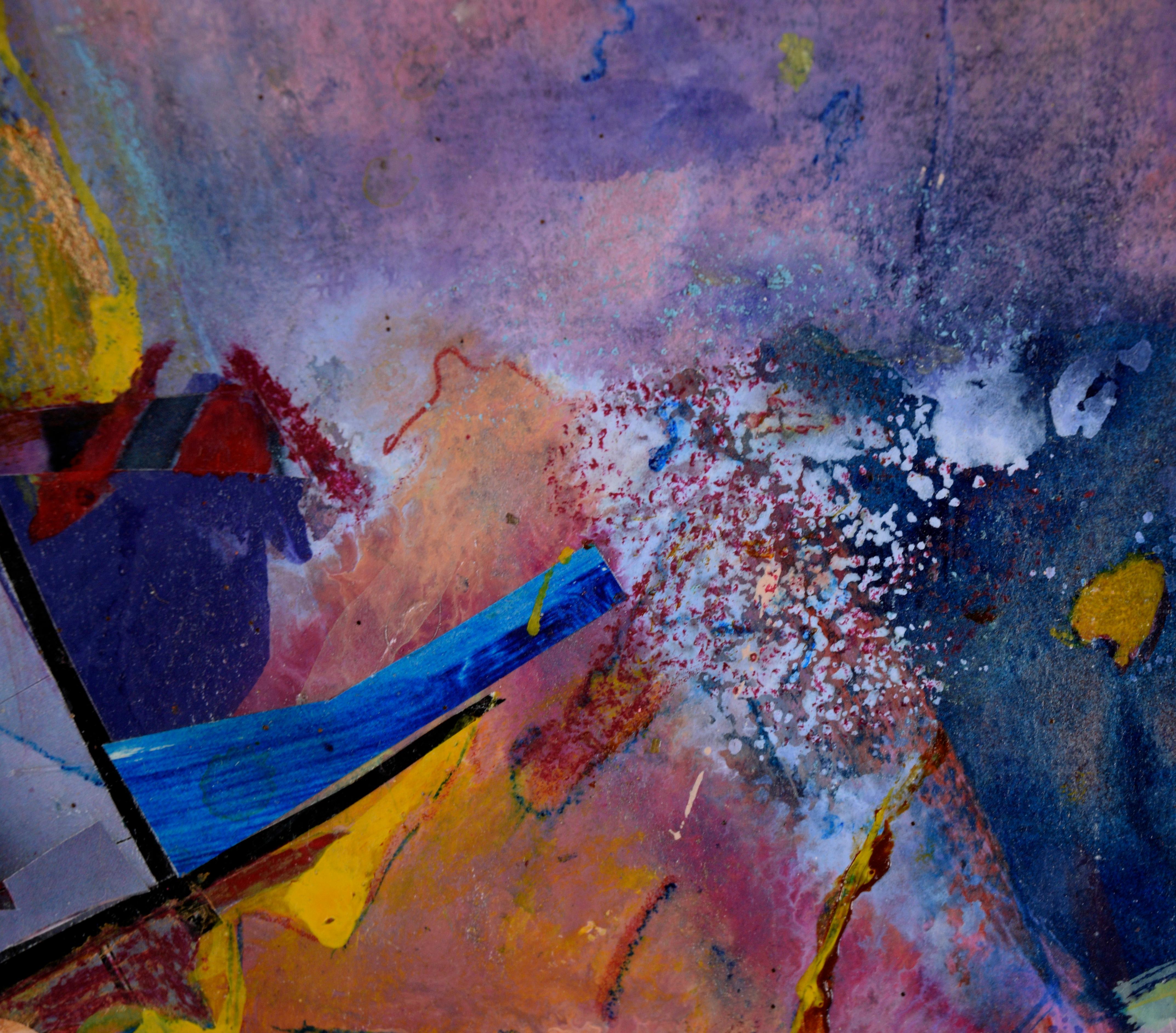 Abstraktes Karnevals-Gemälde in Blau, Magenta und Gelb – Öl und Collage auf Papier im Angebot 5