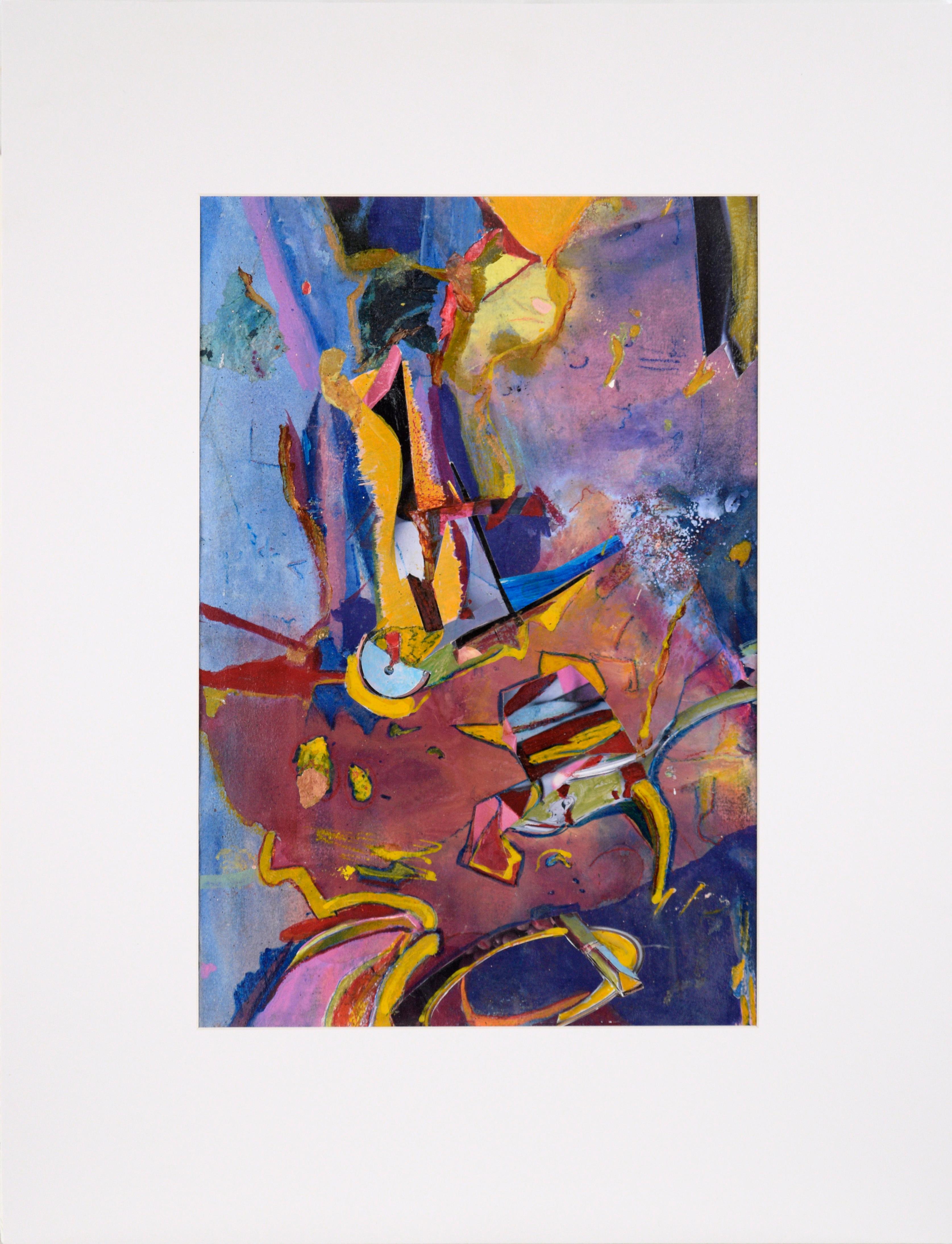 Abstract Painting Jennie Rafton - Tableau de carnaval abstrait en bleu, magenta et jaune, huile et collage sur papier