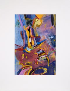 Tableau de carnaval abstrait en bleu, magenta et jaune, huile et collage sur papier