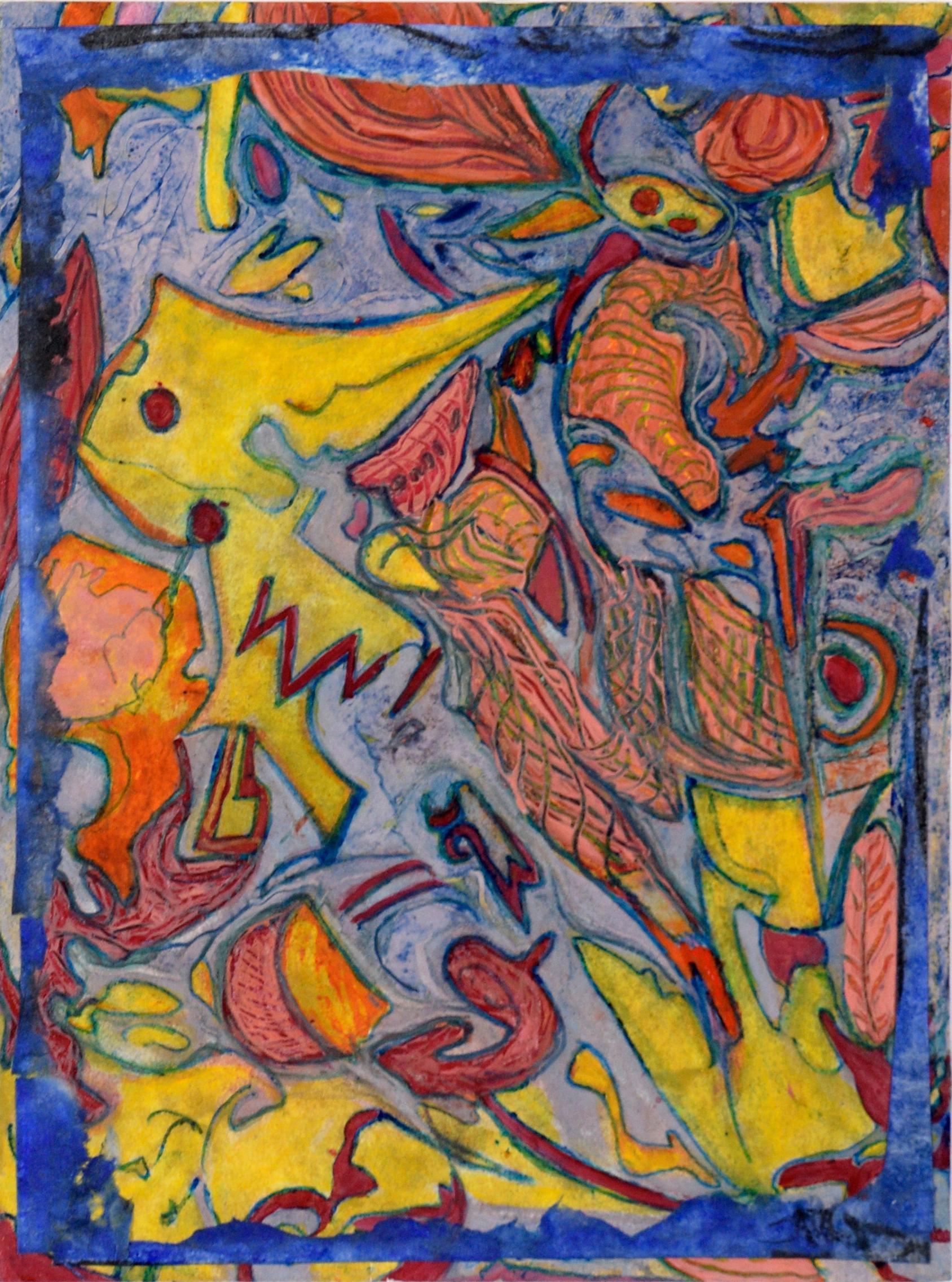 Carnaval abstrait en bleu, orange et jaune - Huile et Collage sur papier - Painting de Jennie Rafton